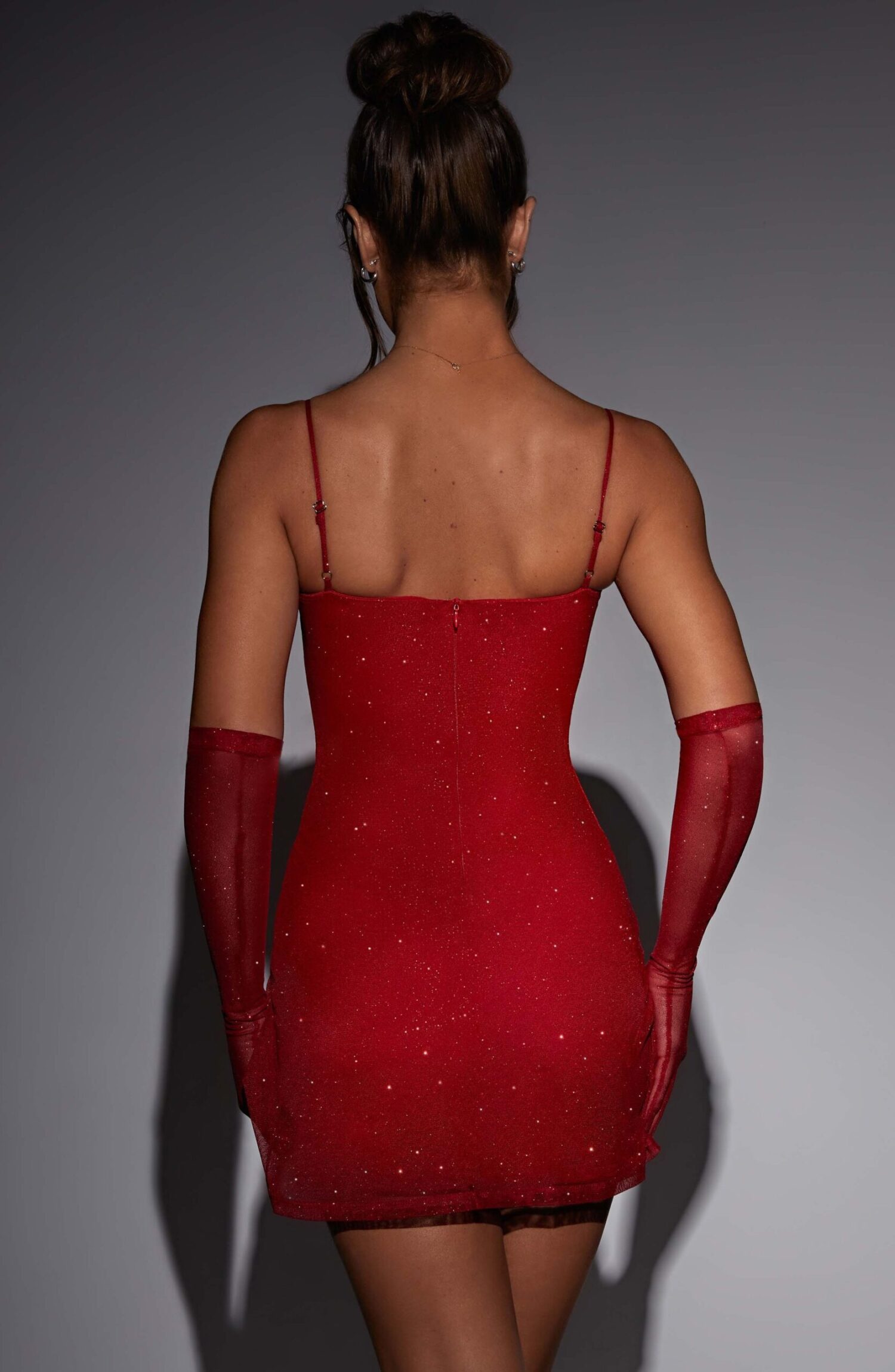 Red Sparkle Pixie Mini Dress - Bodycon Sparkle Mesh with Leg Split - Image 2