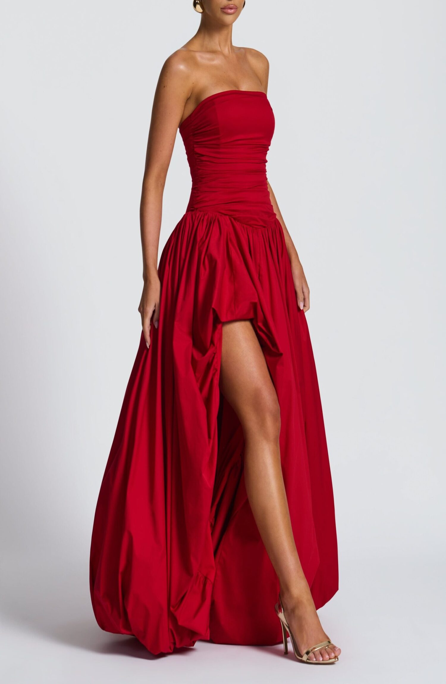 Red Strapless Ruched Maxi Dress with Puff Ball Skirt & Thigh Split - Image 4