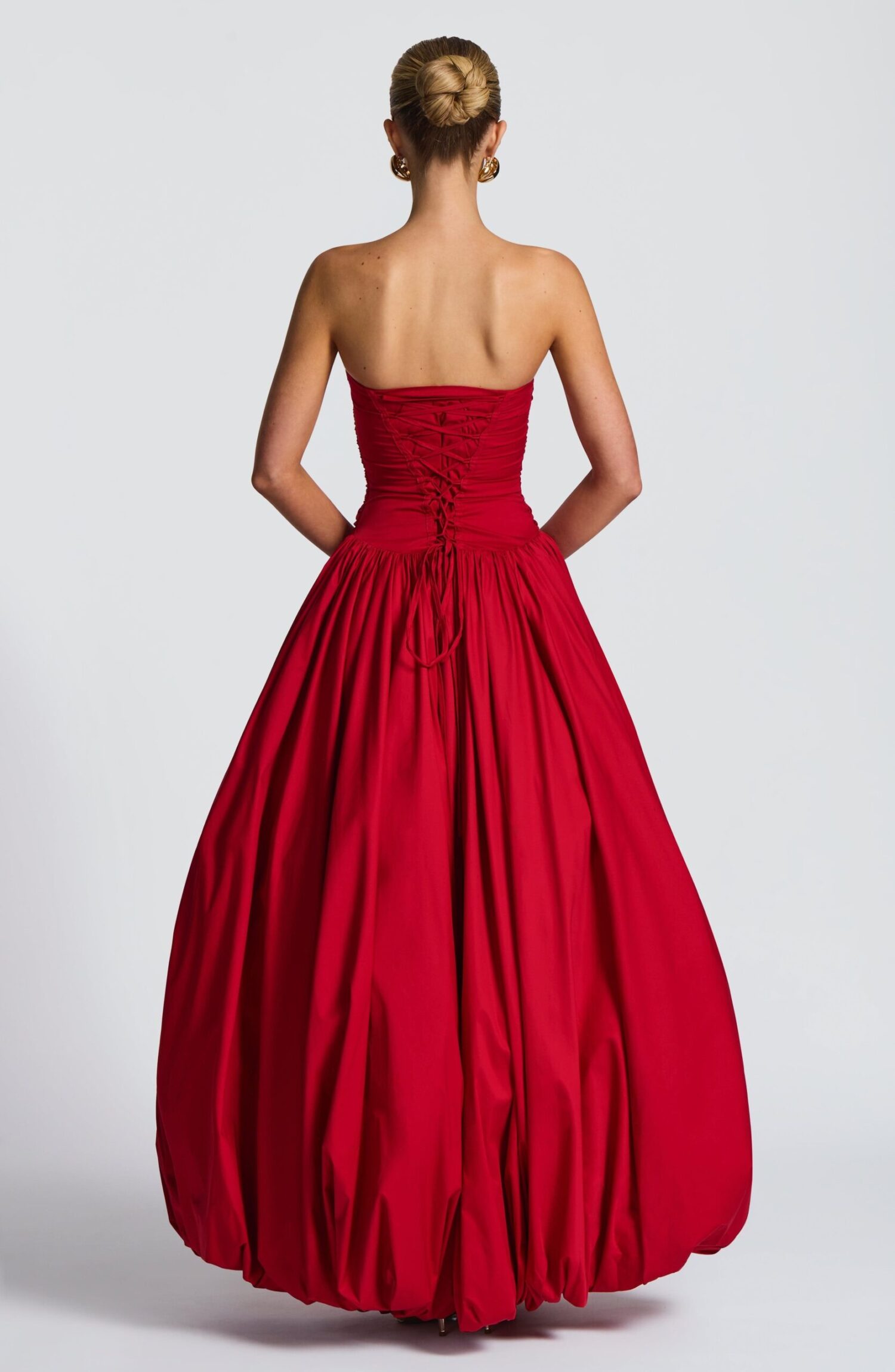 Red Strapless Ruched Maxi Dress with Puff Ball Skirt & Thigh Split - Image 3