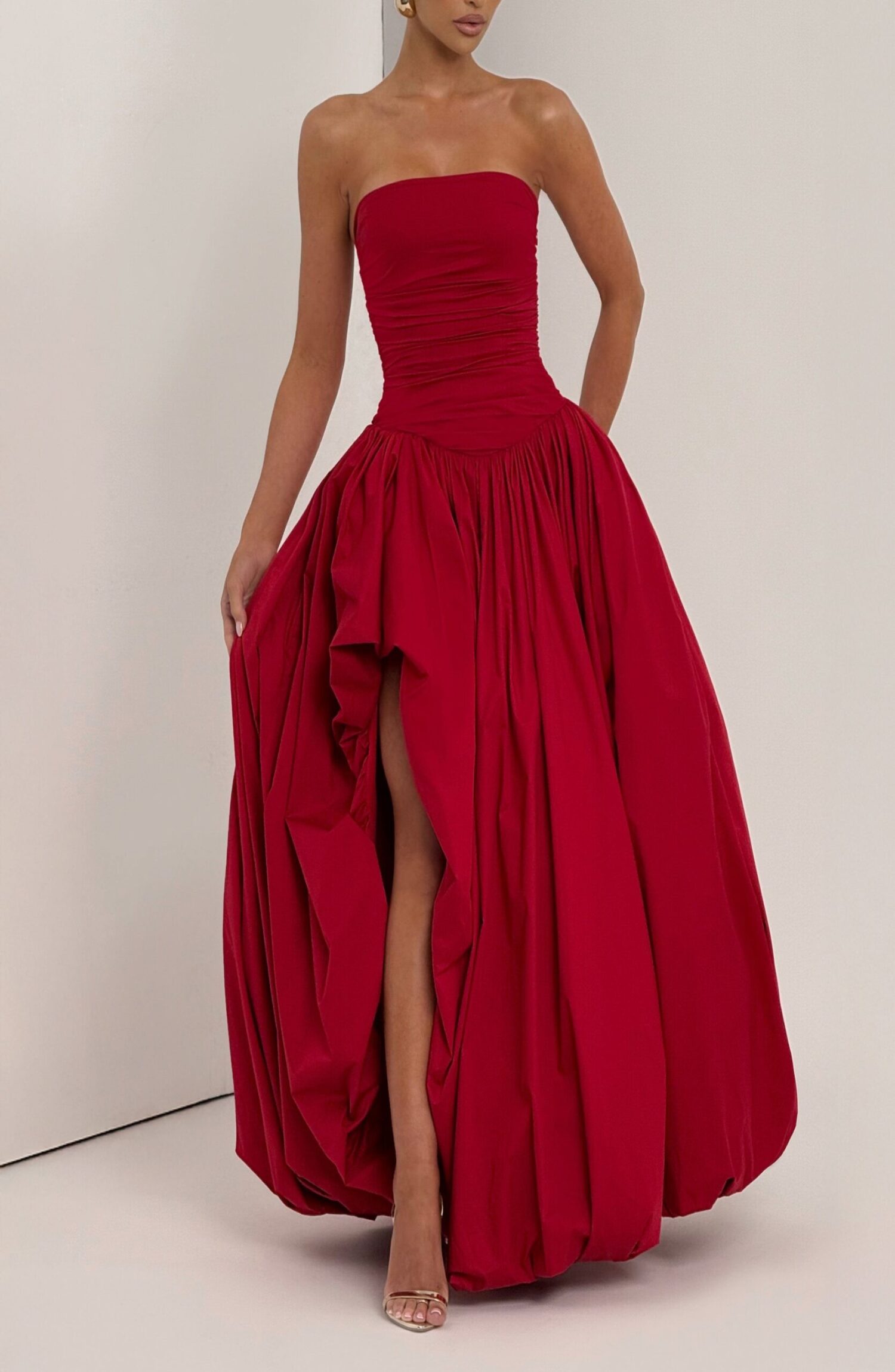 Red Strapless Ruched Maxi Dress with Puff Ball Skirt & Thigh Split - Image 8