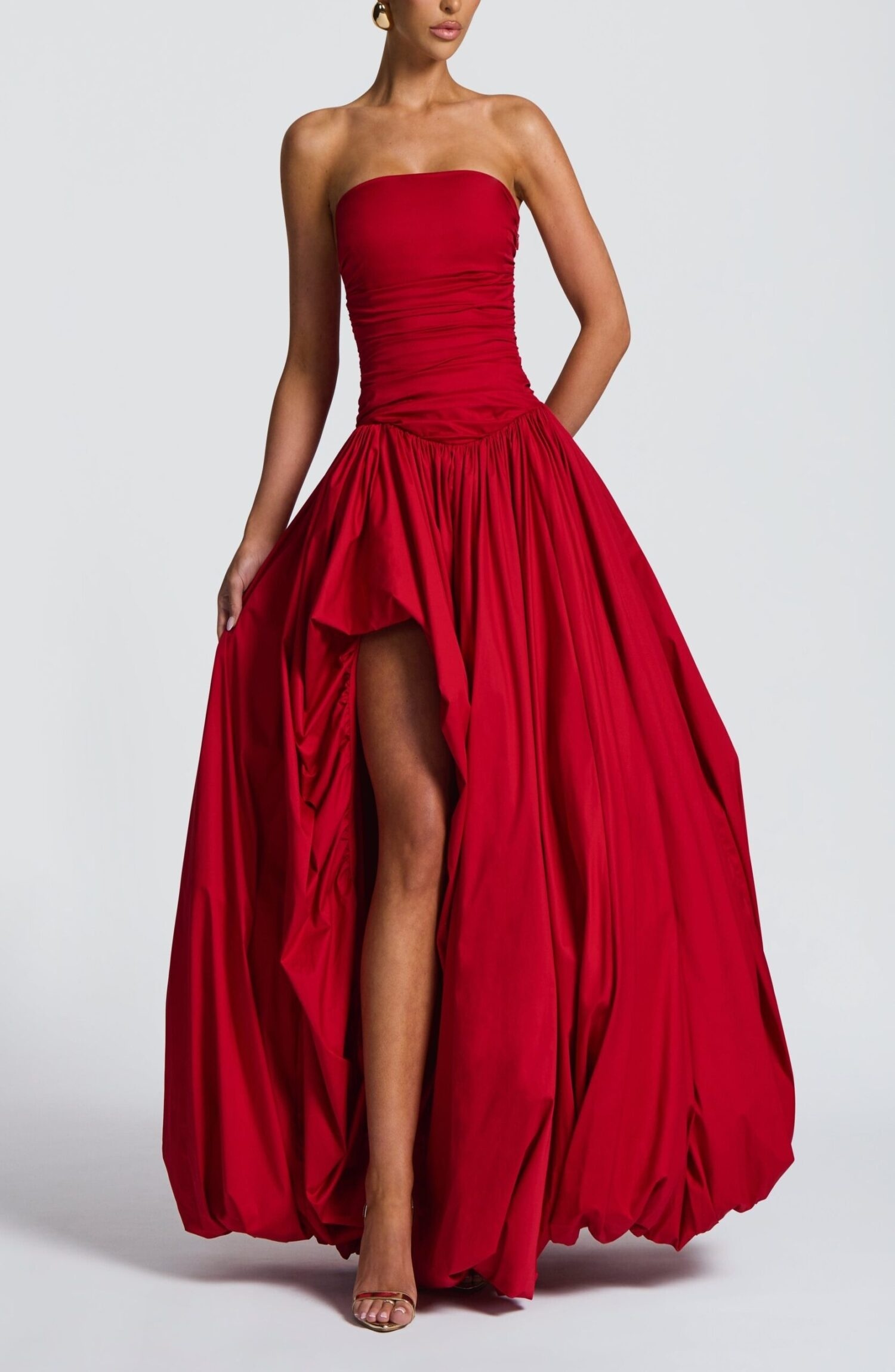 Red Strapless Ruched Maxi Dress with Puff Ball Skirt & Thigh Split - Image 2
