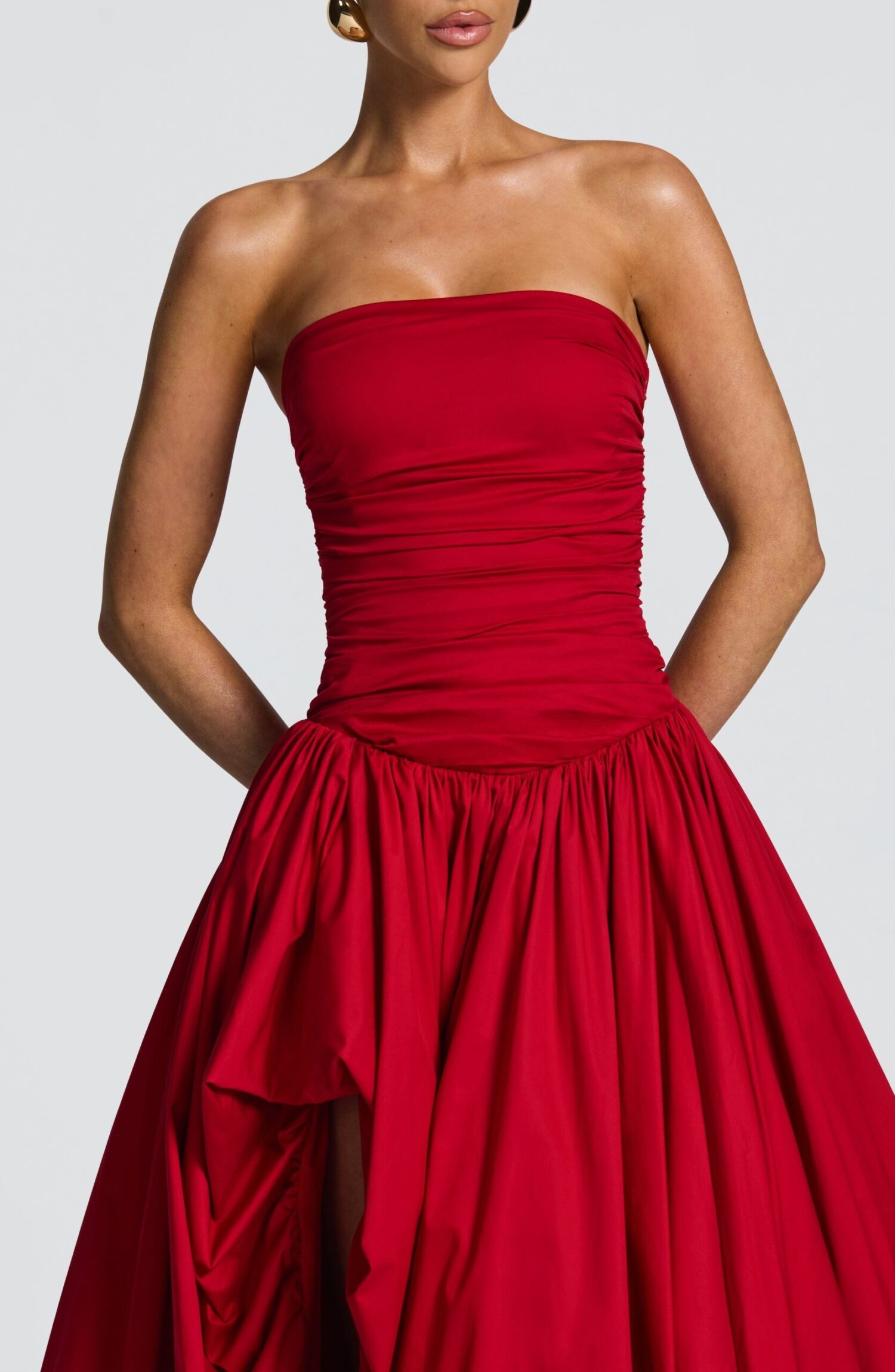 Red Strapless Ruched Maxi Dress with Puff Ball Skirt & Thigh Split - Image 5