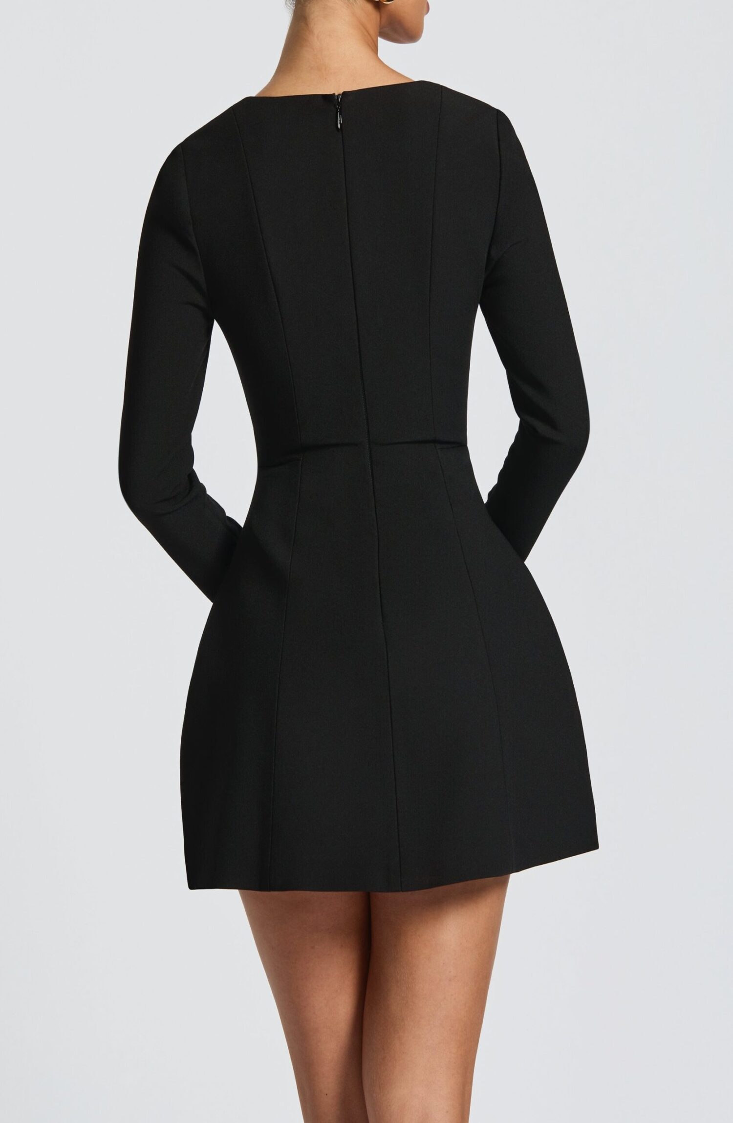 Regina Black Mini Dress - Sweetheart Neckline, Long Sleeve Crepe - Image 3