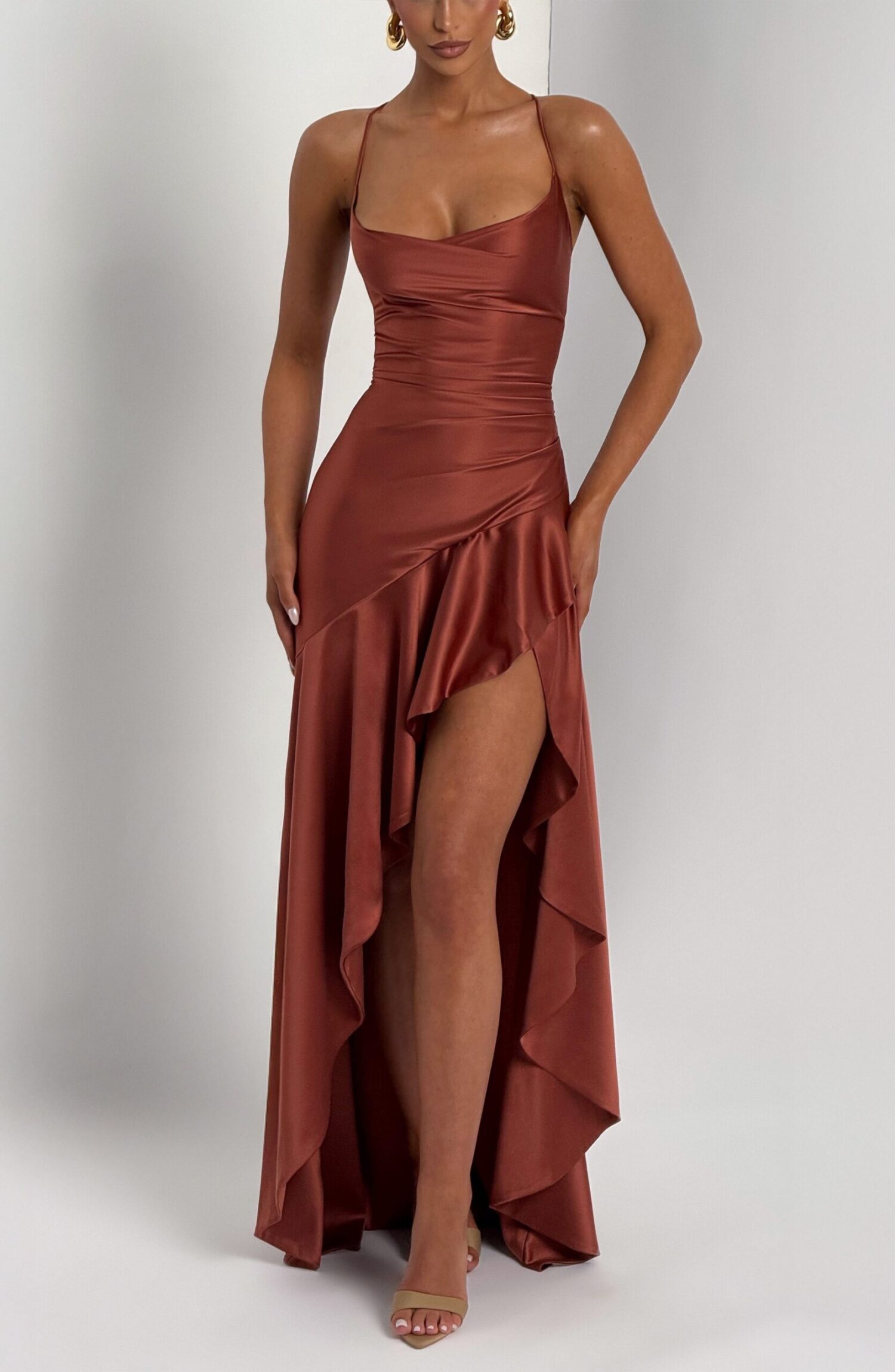Rust Maxi Dress: Satin Cowl Neck, Lace-Up Open Back, High-Low Hem - Image 8
