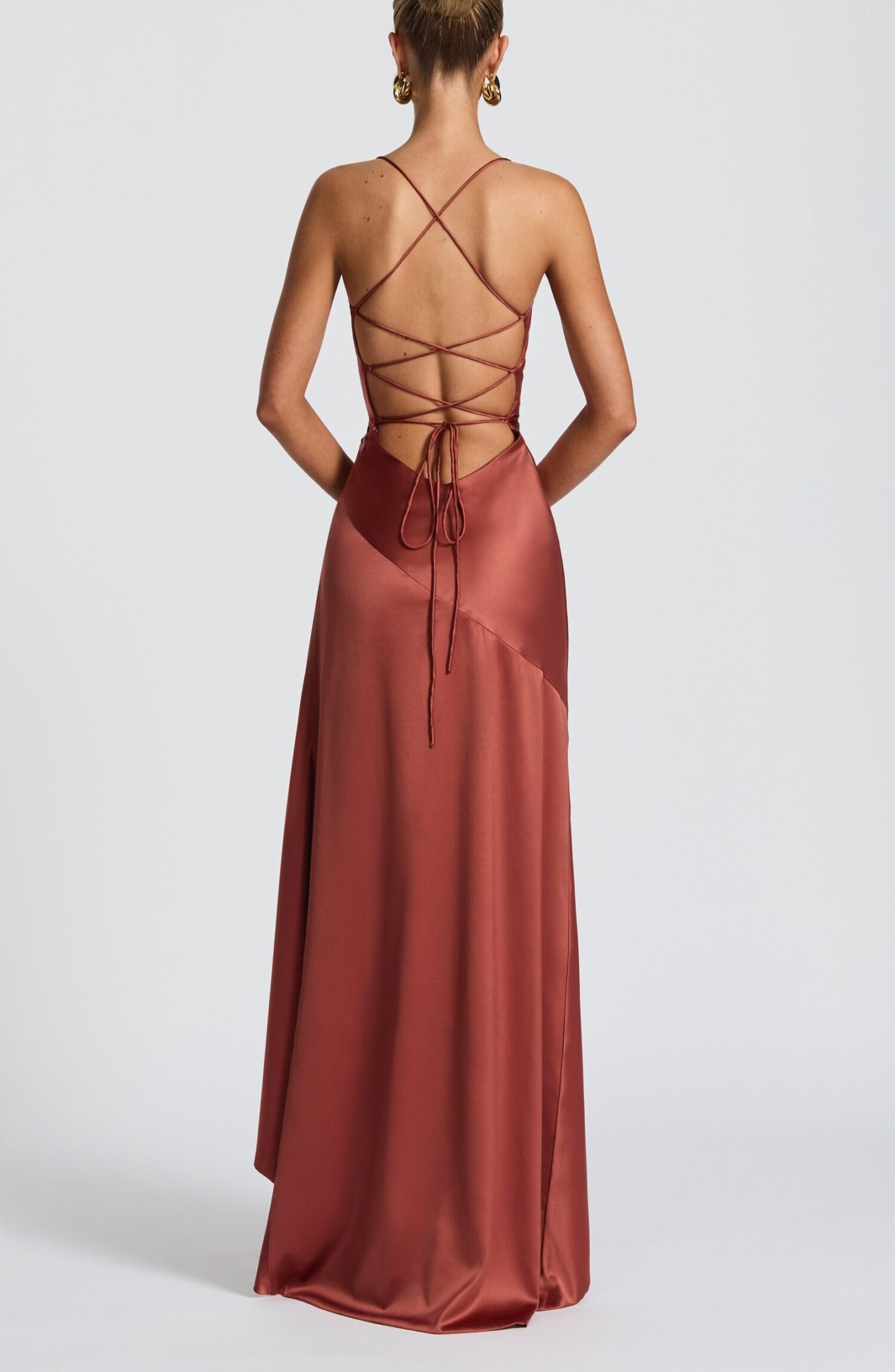 Rust Maxi Dress: Satin Cowl Neck, Lace-Up Open Back, High-Low Hem - Image 4