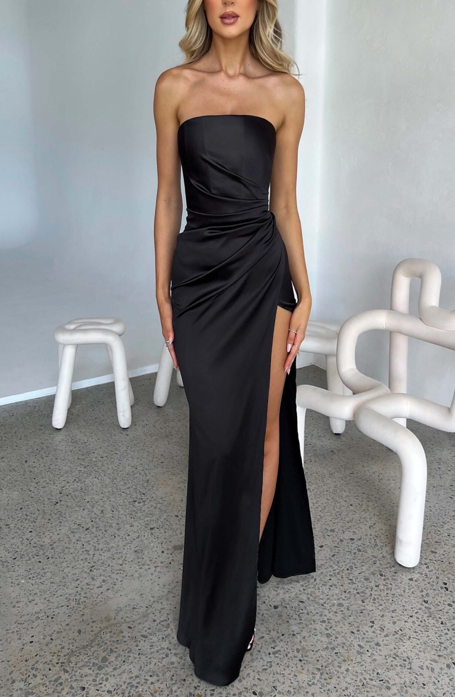 Safiya Black Satin Maxi Dress with Corset & Thigh Split - Image 4