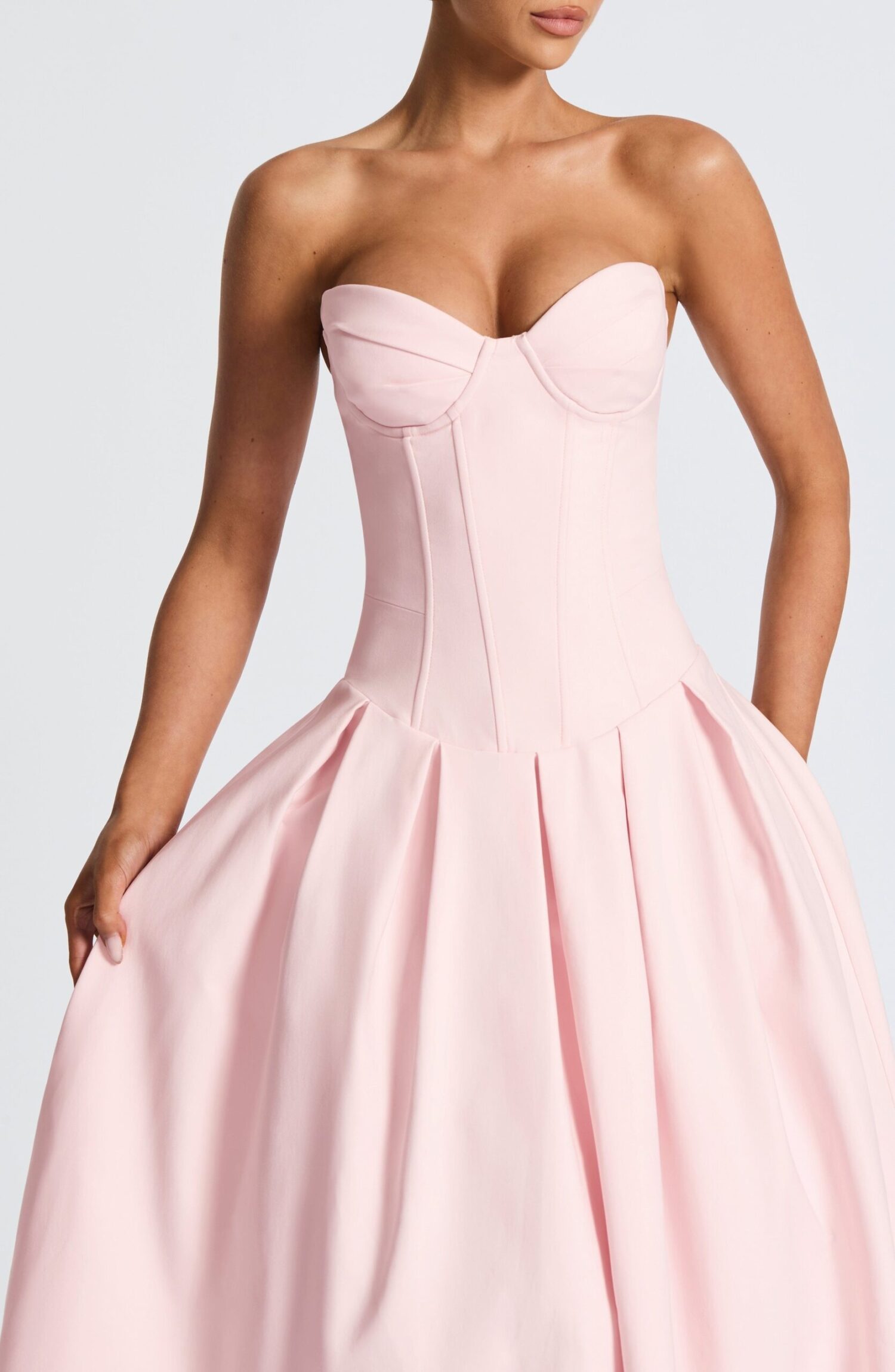 Salma Midi Dress Blush Strapless Lace-Up Bengaline Pleated Dropped Waist - Image 3