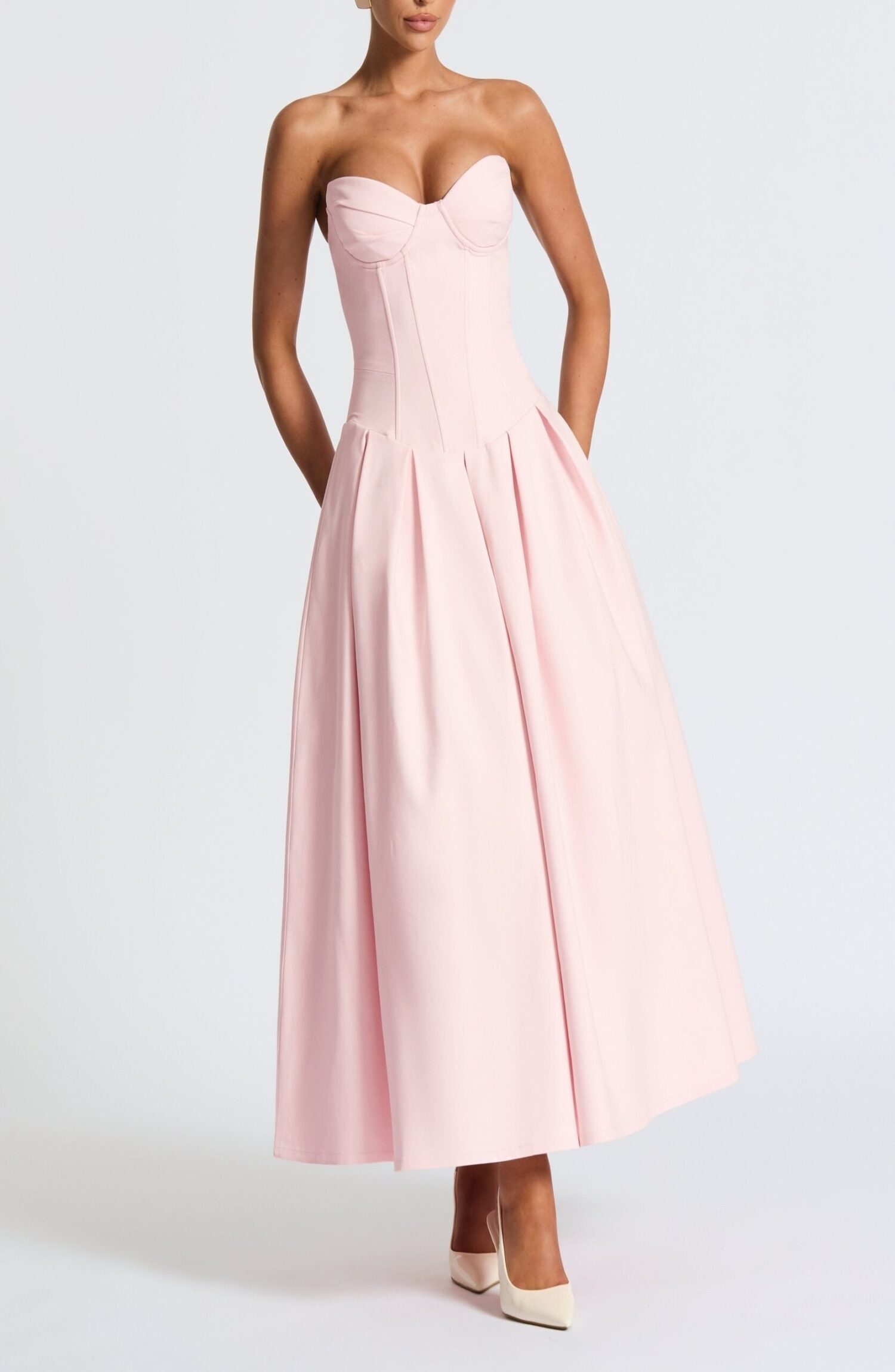 Salma Midi Dress Blush Strapless Lace-Up Bengaline Pleated Dropped Waist - Image 5