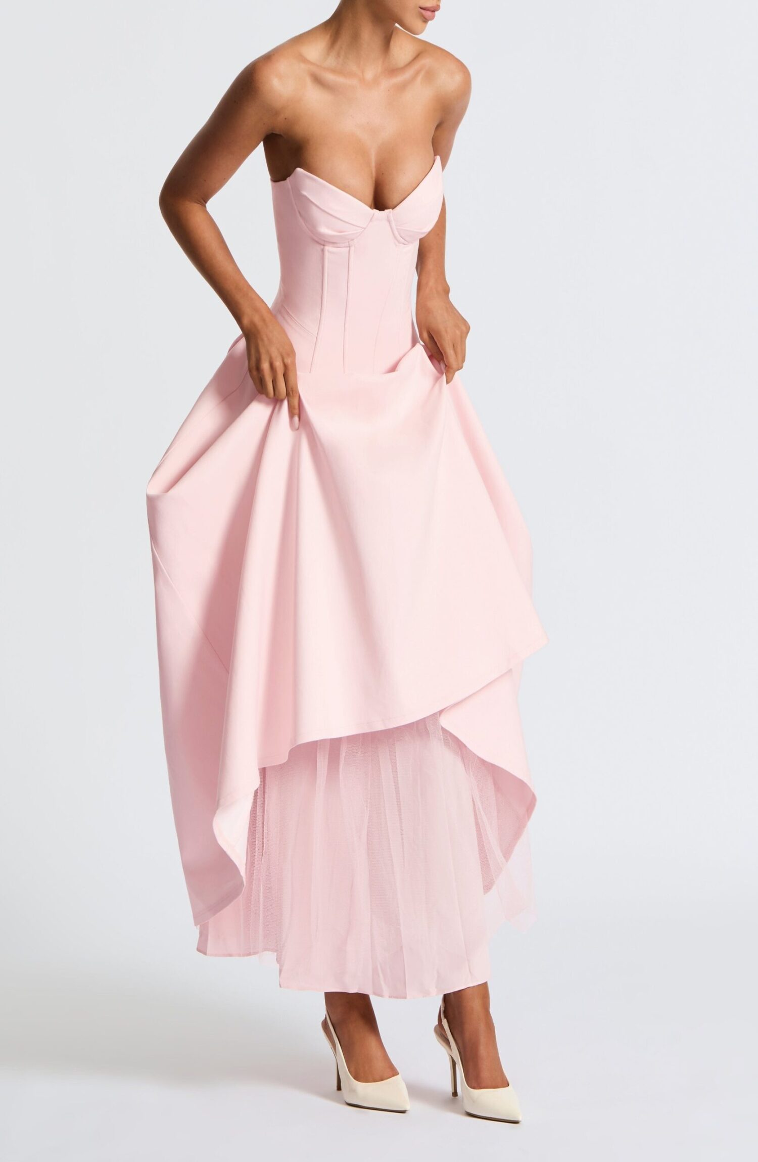 Salma Midi Dress Blush Strapless Lace-Up Bengaline Pleated Dropped Waist - Image 6