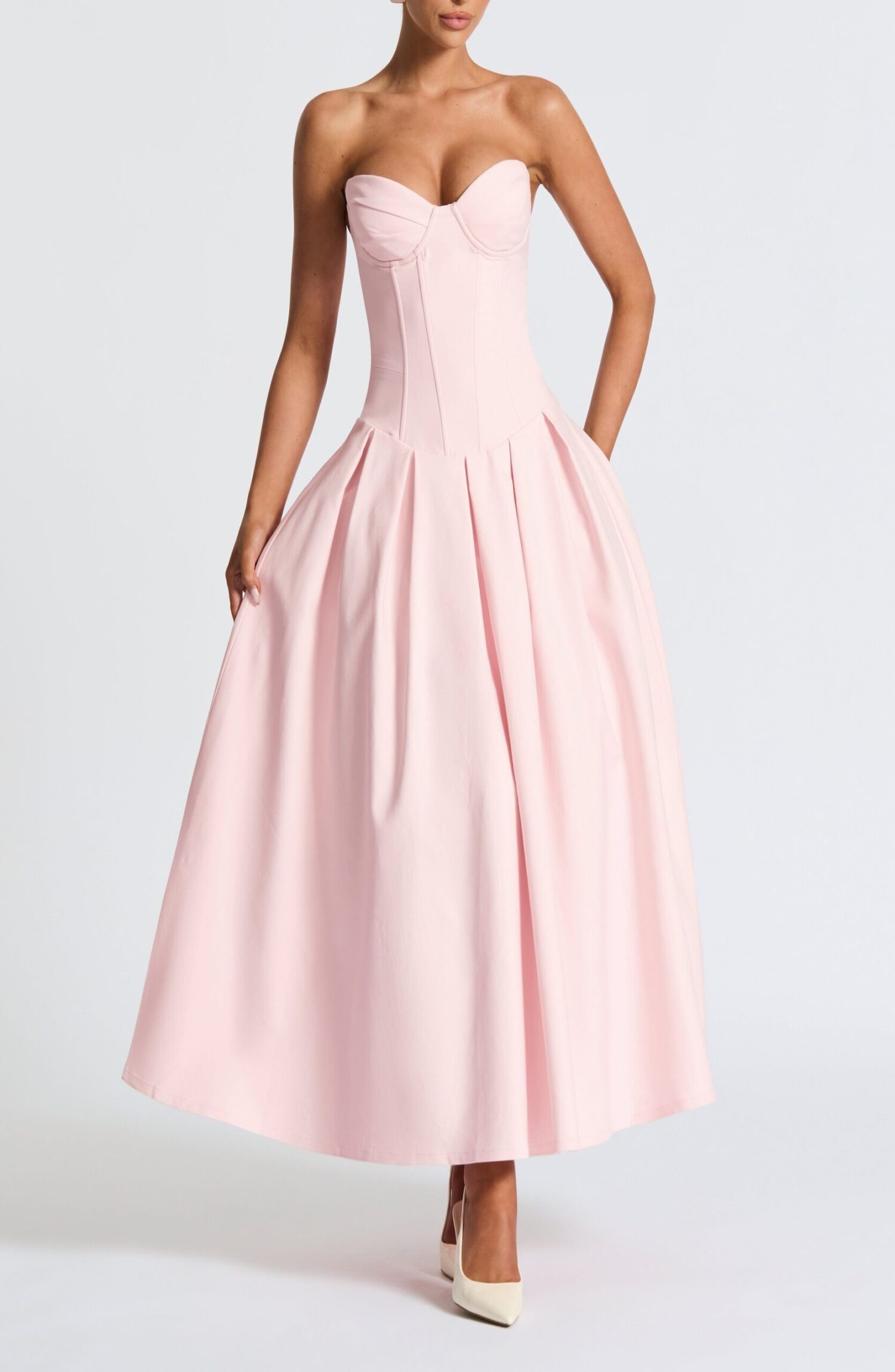 Salma Midi Dress Blush Strapless Lace-Up Bengaline Pleated Dropped Waist - Image 2