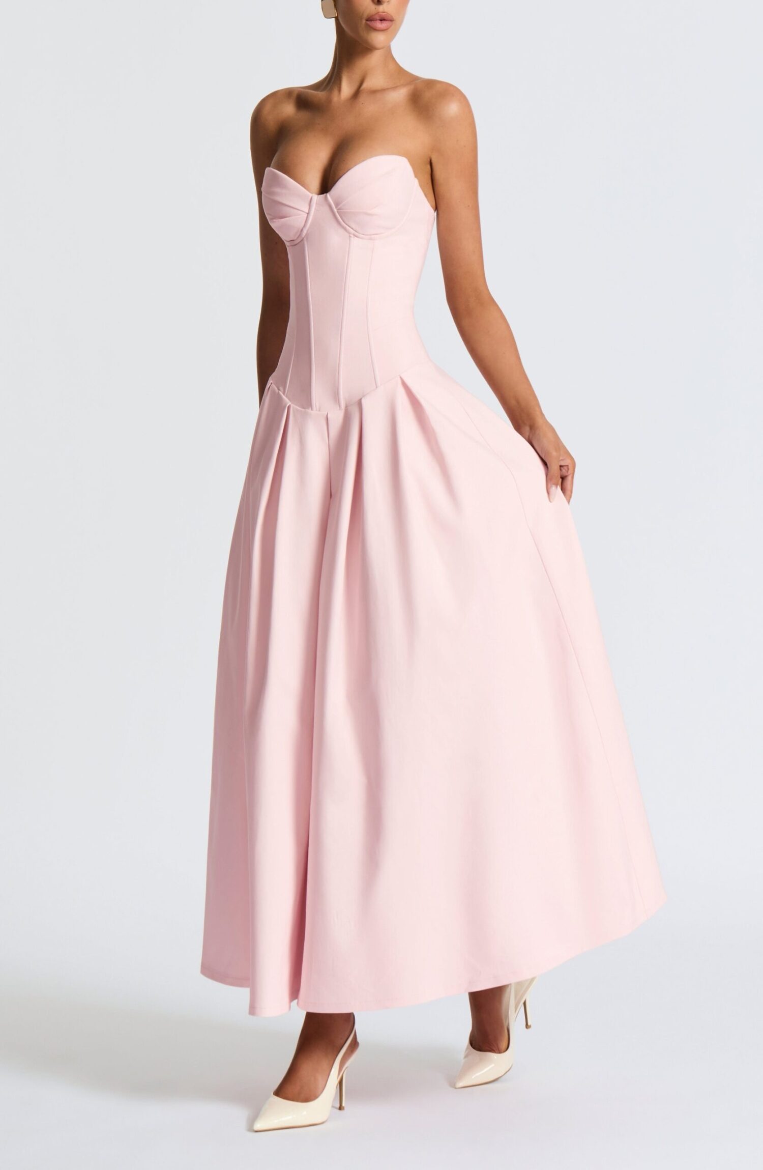 Salma Midi Dress Blush Strapless Lace-Up Bengaline Pleated Dropped Waist - Image 7