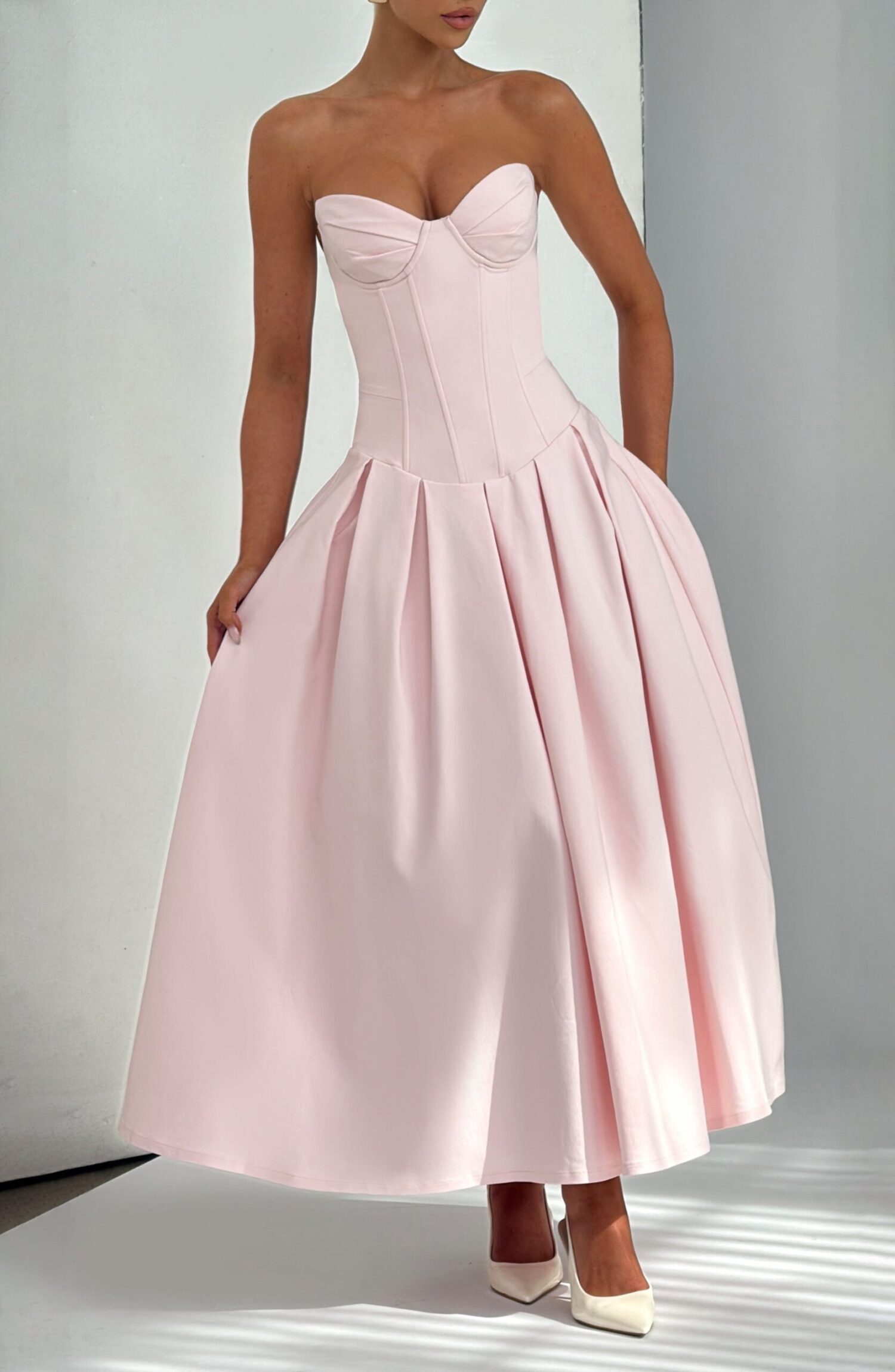 Salma Midi Dress Blush Strapless Lace-Up Bengaline Pleated Dropped Waist