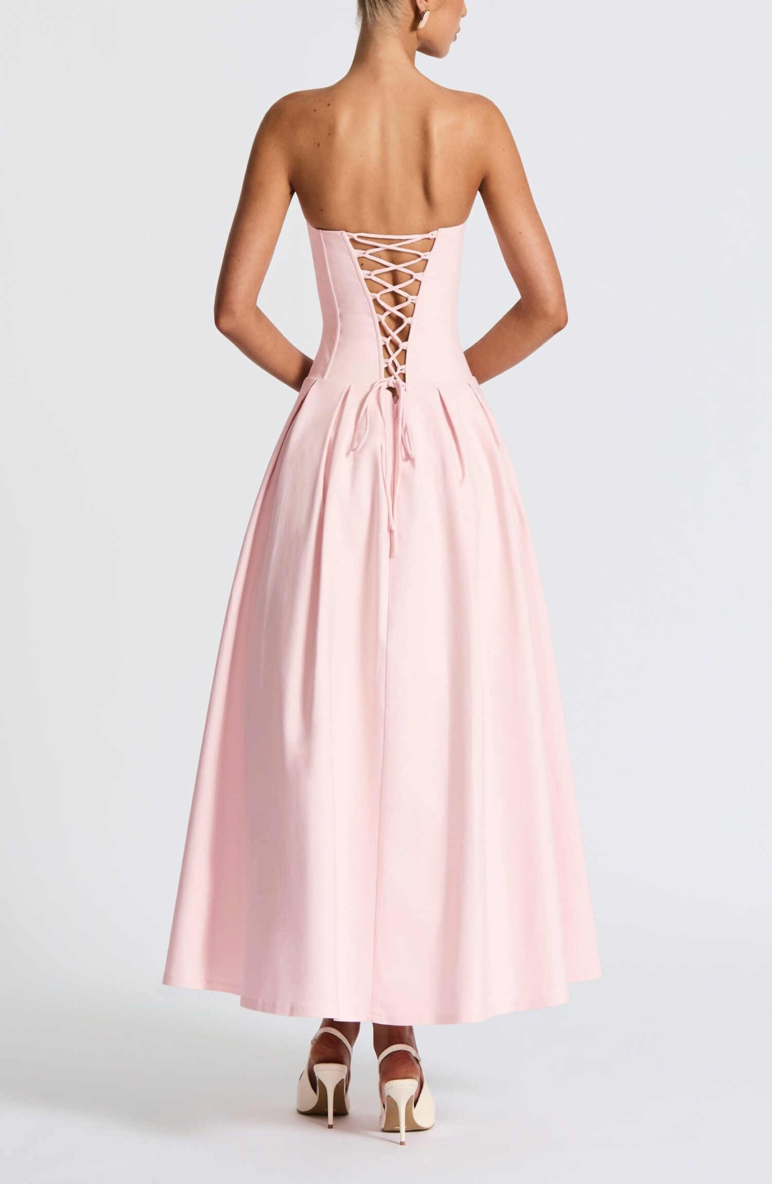 Salma Midi Dress Blush Strapless Lace-Up Bengaline Pleated Dropped Waist - Image 4