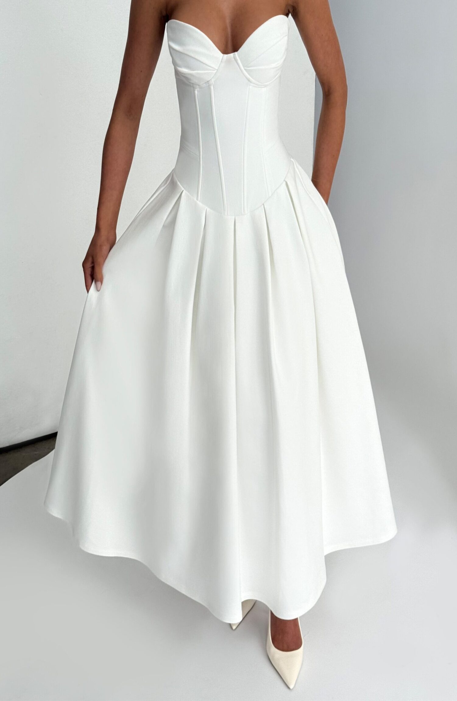 Salma Midi Dress Ivory Strapless Bengaline Lace Up Back Pleated