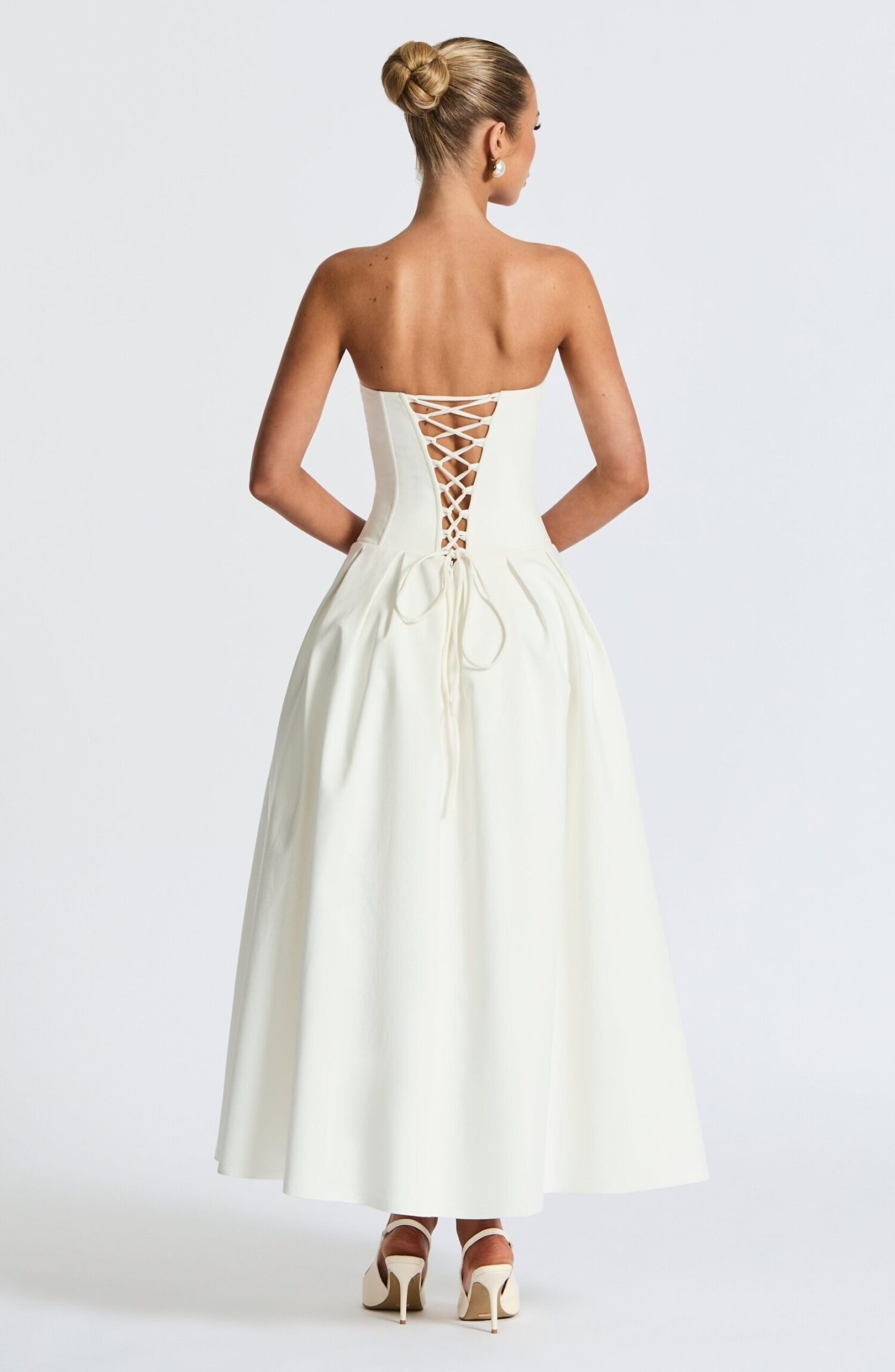 Salma Midi Dress Ivory Strapless Bengaline Lace Up Back Pleated - Image 3