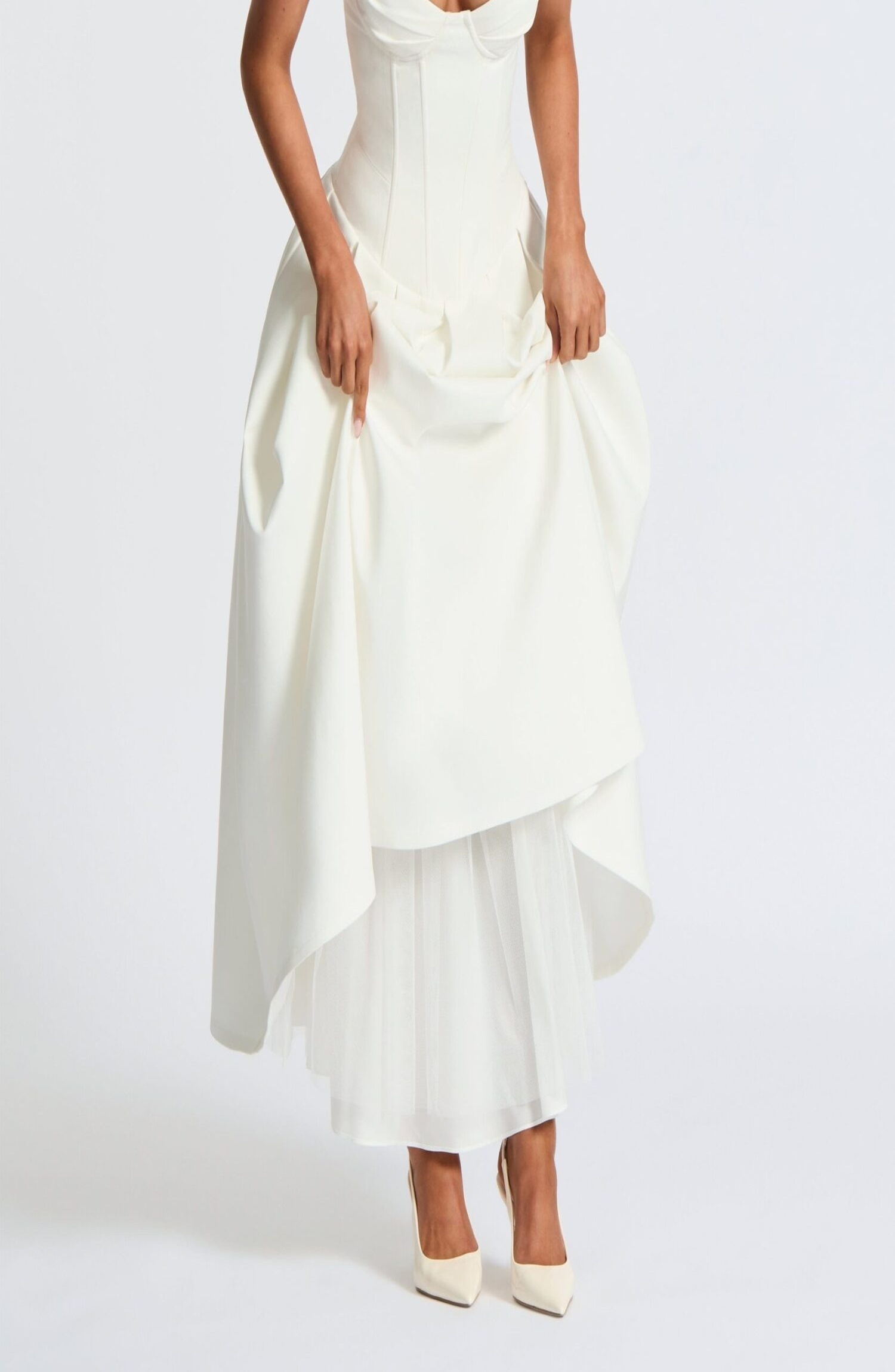 Salma Midi Dress Ivory Strapless Bengaline Lace Up Back Pleated - Image 2