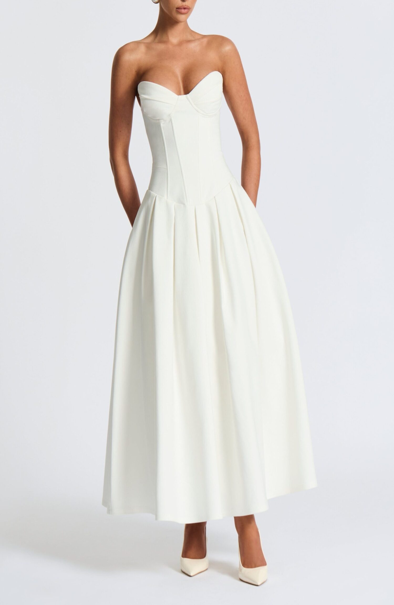 Salma Midi Dress Ivory Strapless Bengaline Lace Up Back Pleated - Image 7