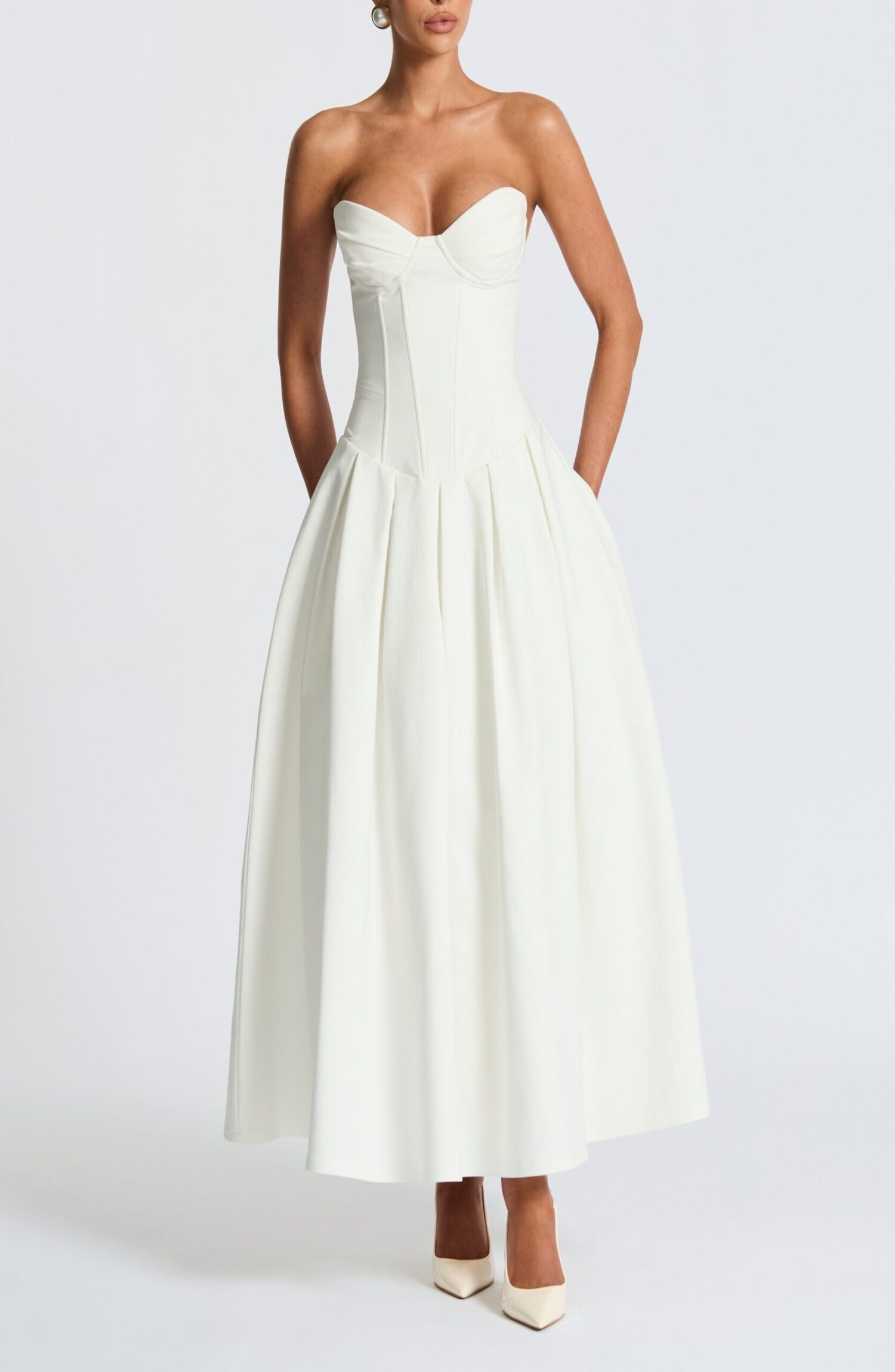 Salma Midi Dress Ivory Strapless Bengaline Lace Up Back Pleated - Image 4