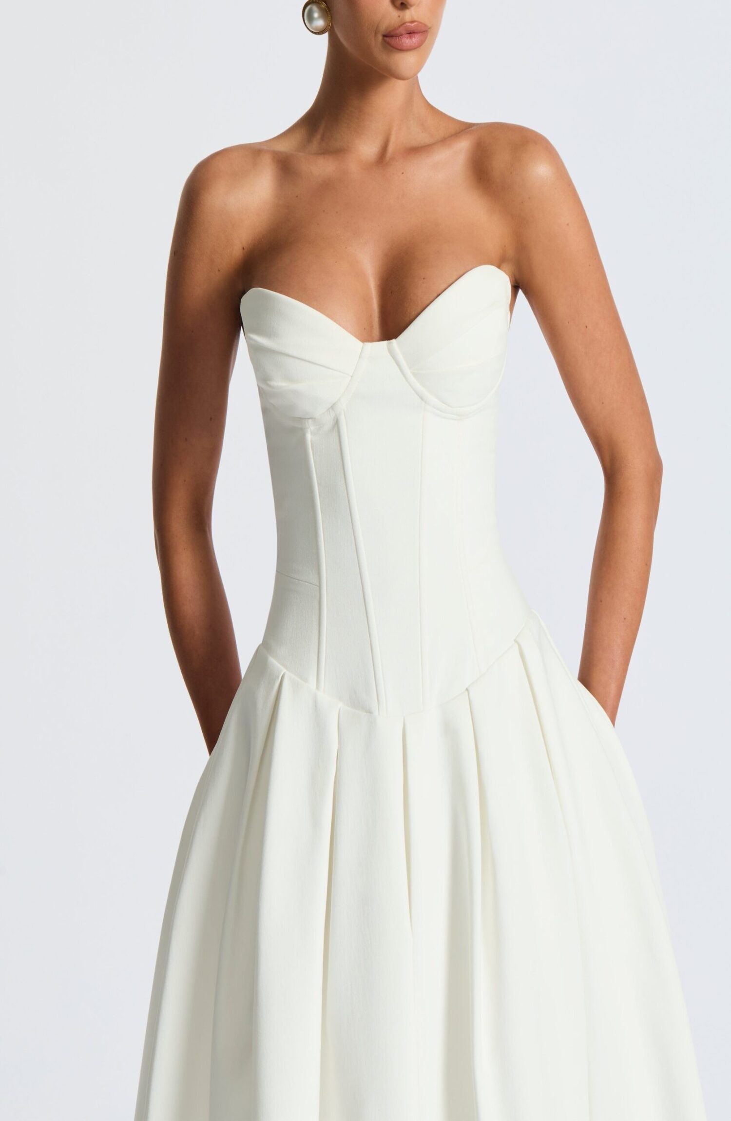 Salma Midi Dress Ivory Strapless Bengaline Lace Up Back Pleated - Image 6