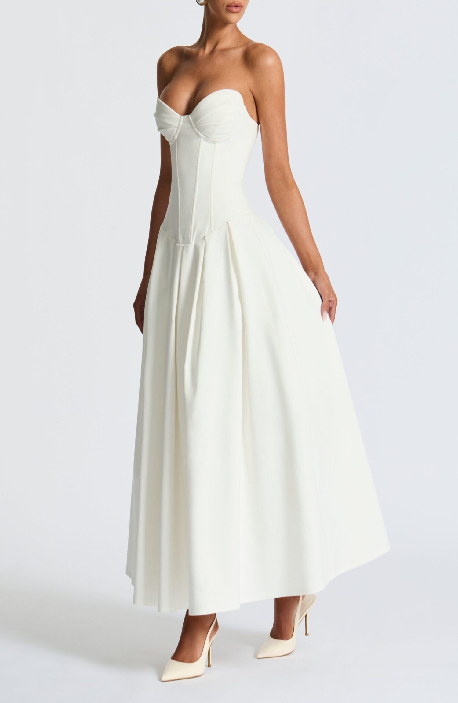Salma Midi Dress Ivory Strapless Bengaline Lace Up Back Pleated - Image 5