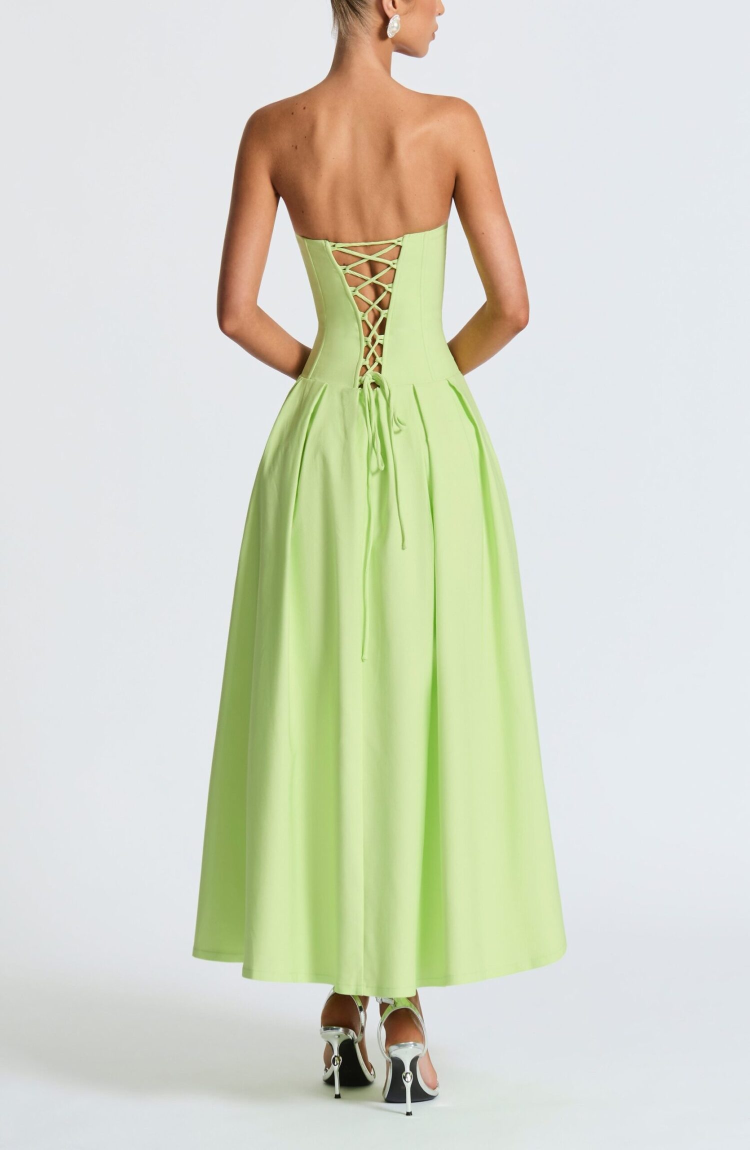 Salma Midi Dress Lime Stretch Bengaline Lace Up Back Strapless - Image 3