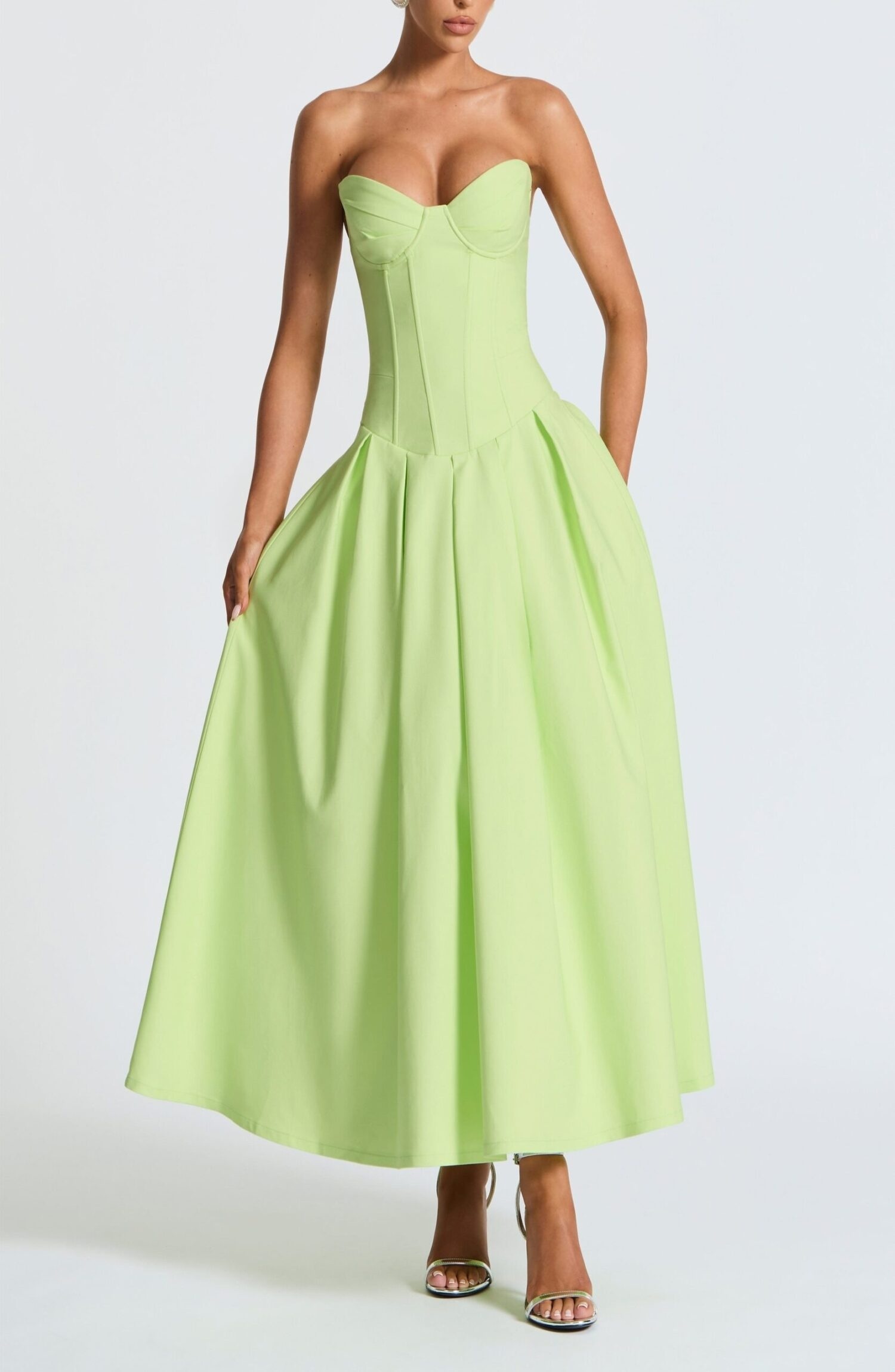 Salma Midi Dress Lime Stretch Bengaline Lace Up Back Strapless