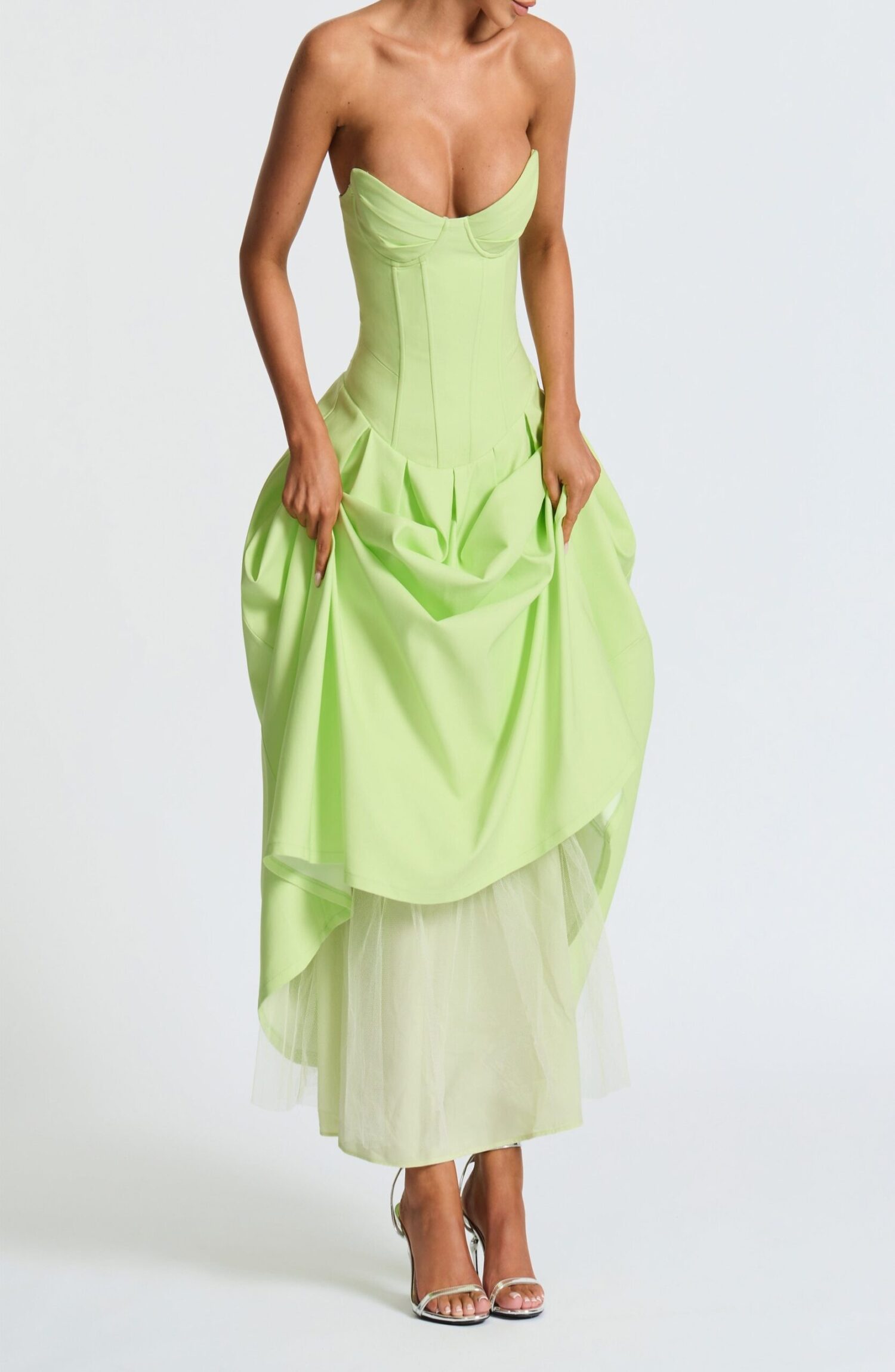 Salma Midi Dress Lime Stretch Bengaline Lace Up Back Strapless - Image 4