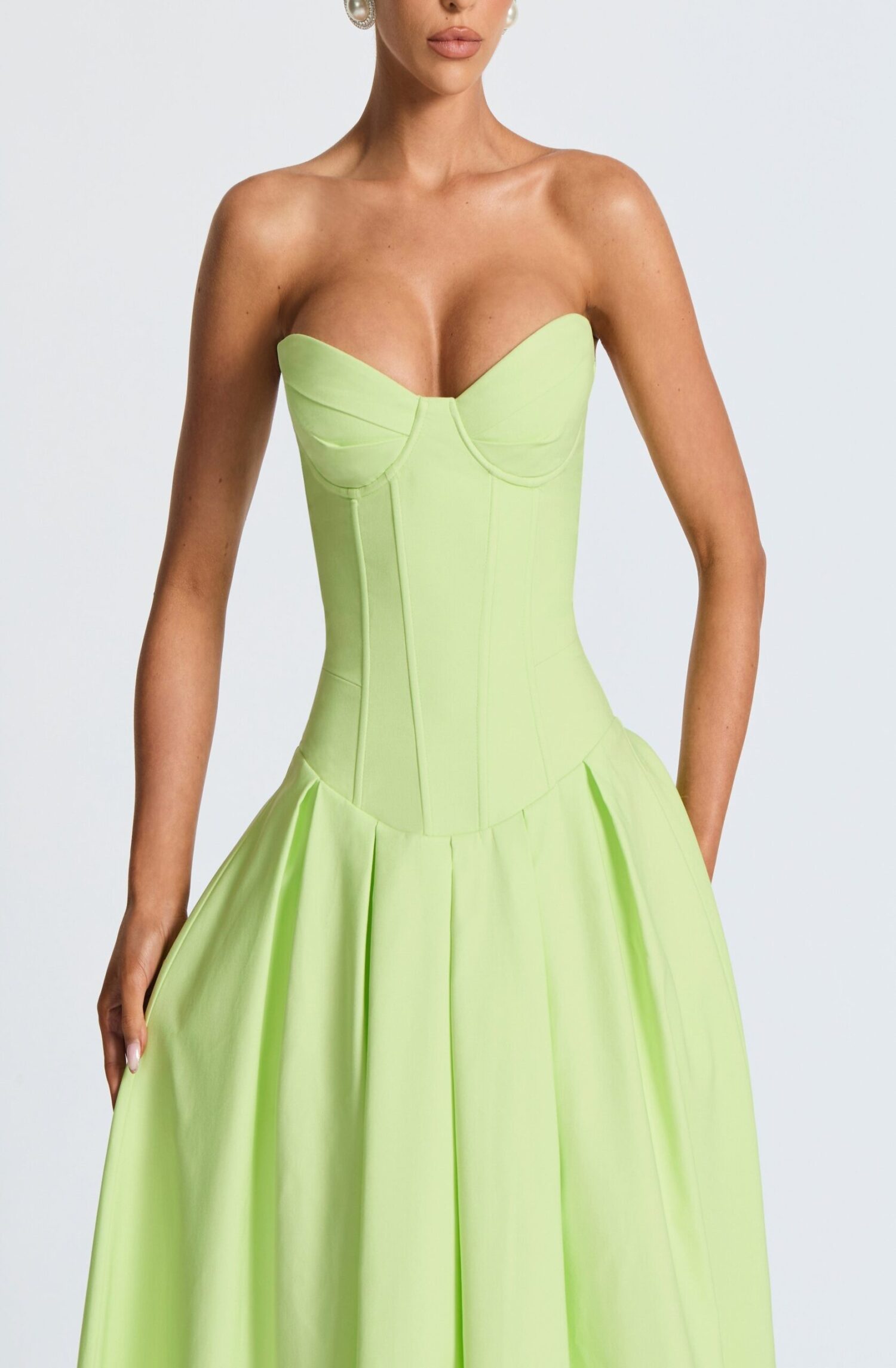 Salma Midi Dress Lime Stretch Bengaline Lace Up Back Strapless - Image 9