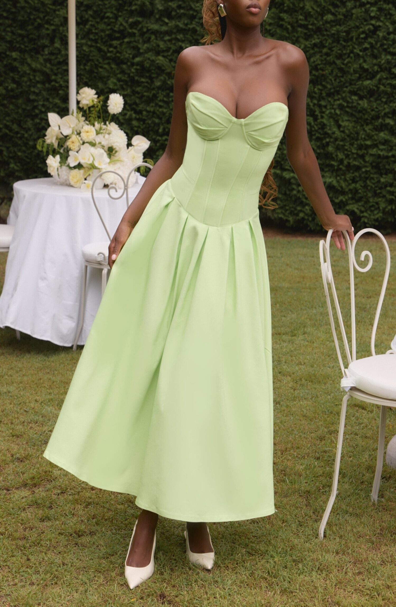 Salma Midi Dress Lime Stretch Bengaline Lace Up Back Strapless - Image 8