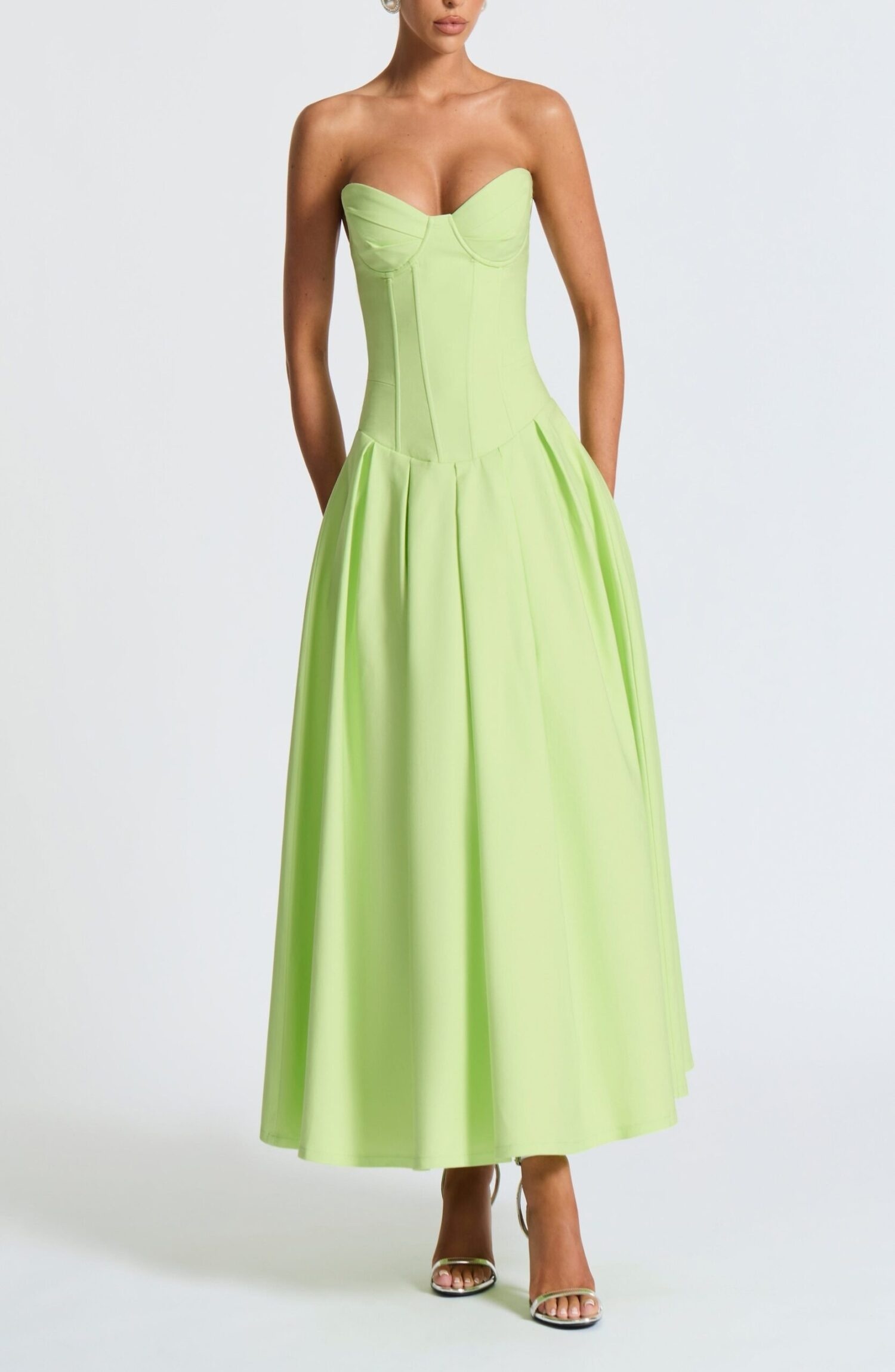 Salma Midi Dress Lime Stretch Bengaline Lace Up Back Strapless - Image 10