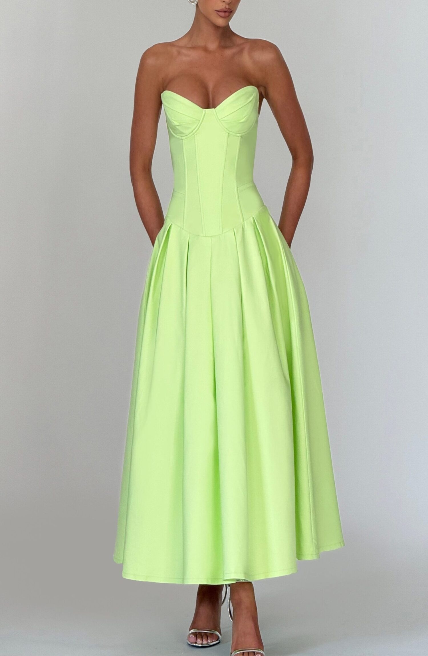 Salma Midi Dress Lime Stretch Bengaline Lace Up Back Strapless - Image 6