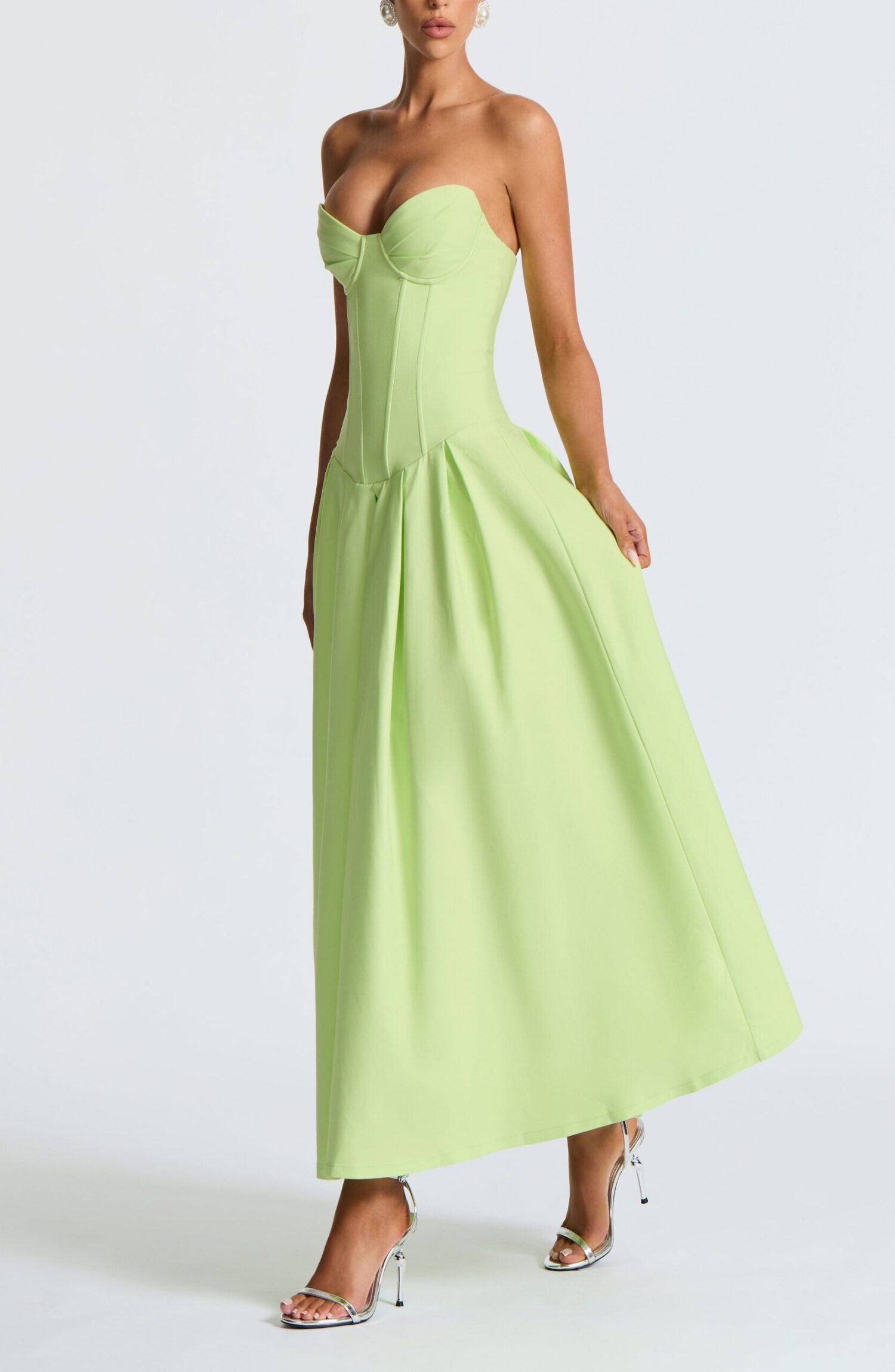 Salma Midi Dress Lime Stretch Bengaline Lace Up Back Strapless - Image 5