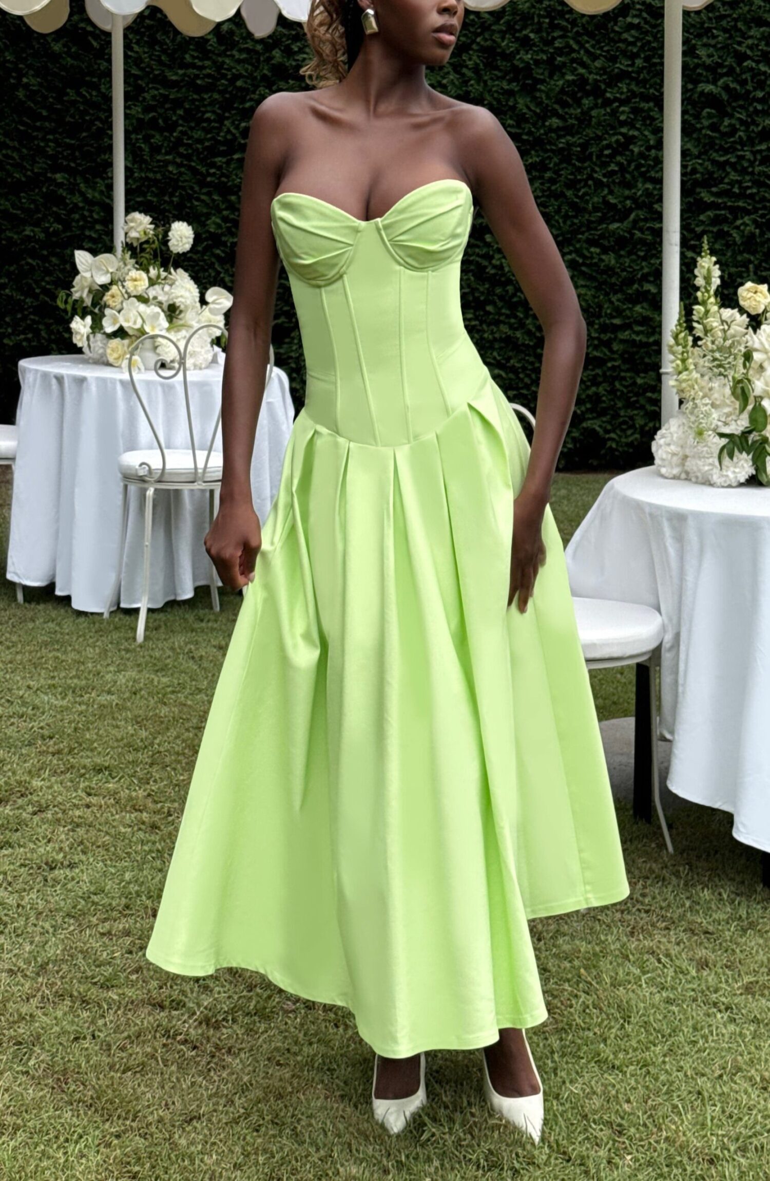 Salma Midi Dress Lime Stretch Bengaline Lace Up Back Strapless - Image 7