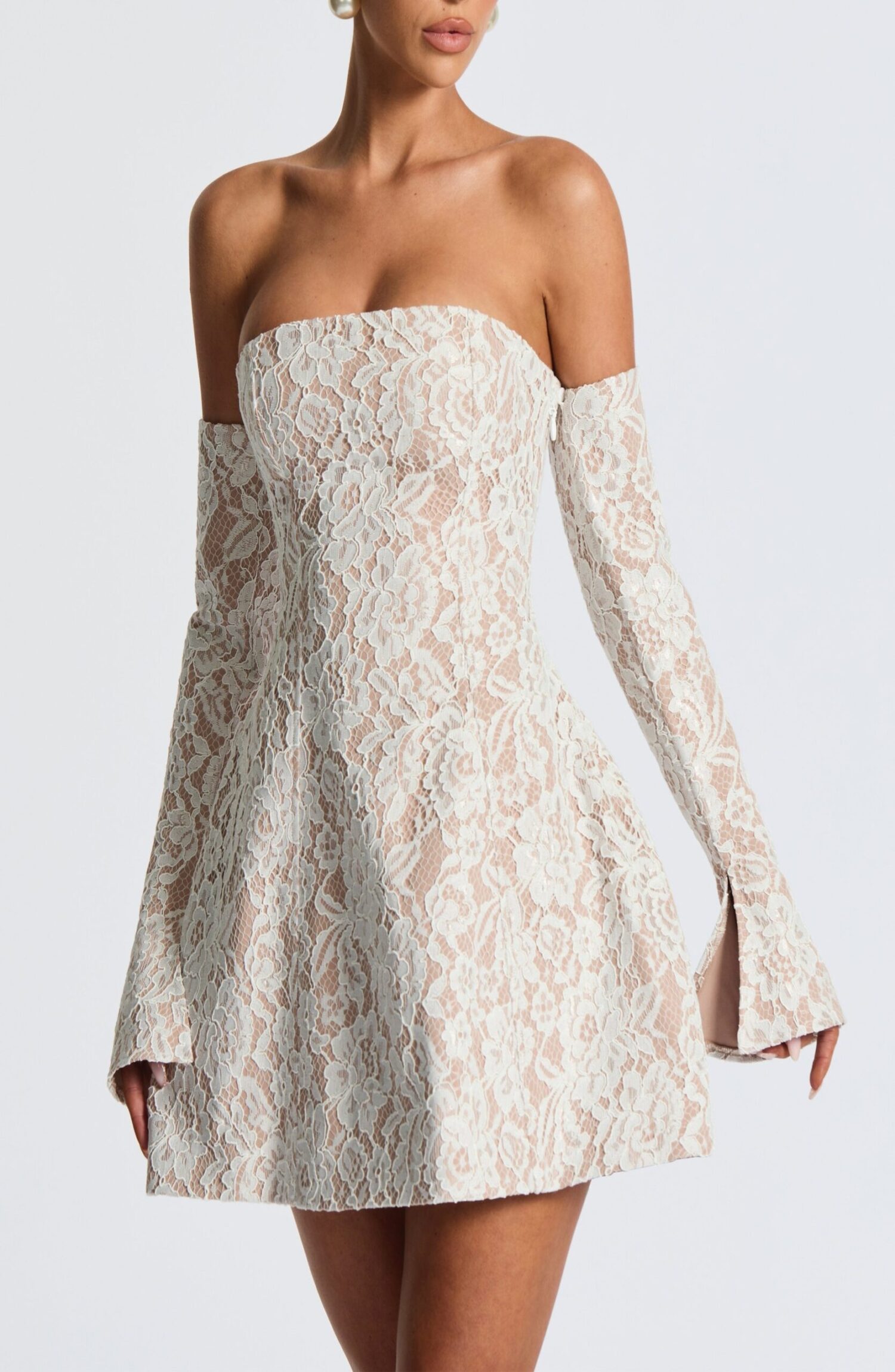 Salone Ivory Lace Strapless Mini Dress with Flare Cuffs - Image 6