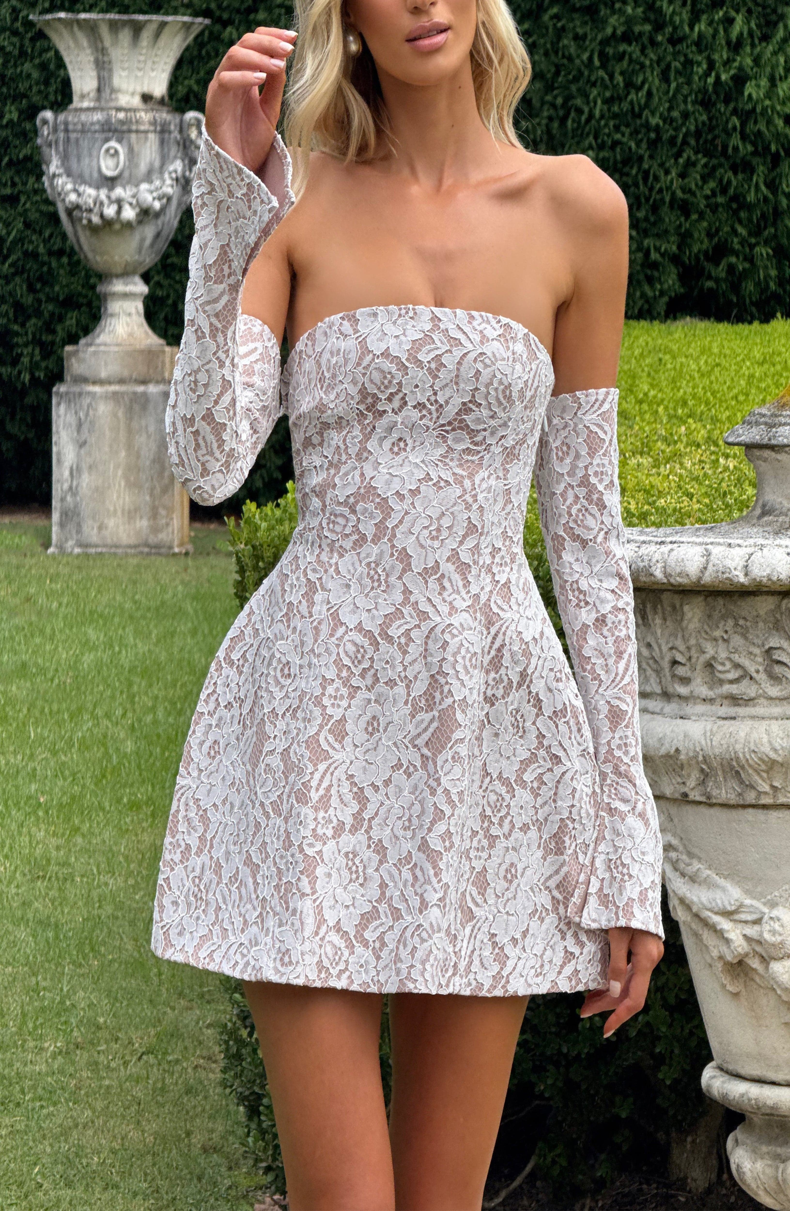 Salone Ivory Lace Strapless Mini Dress with Flare Cuffs