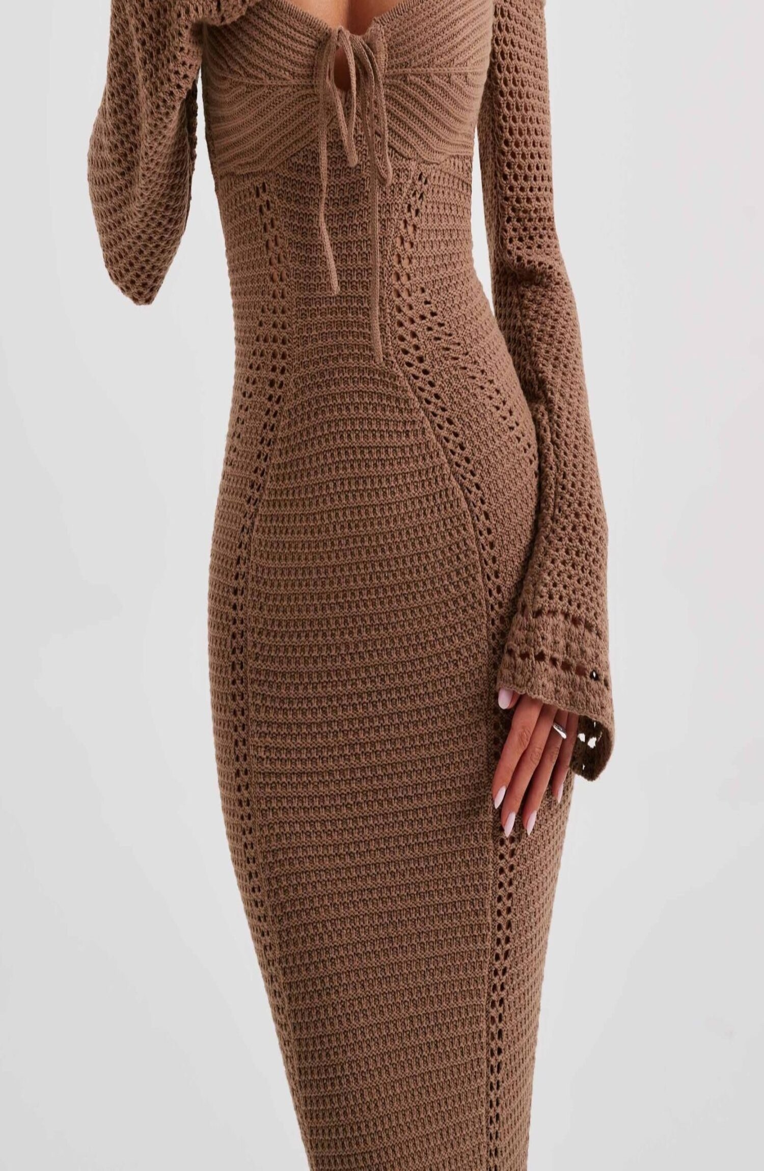 Samariah Chocolate Crochet Maxi Dress - Off Shoulder, Long Sleeve - Image 6