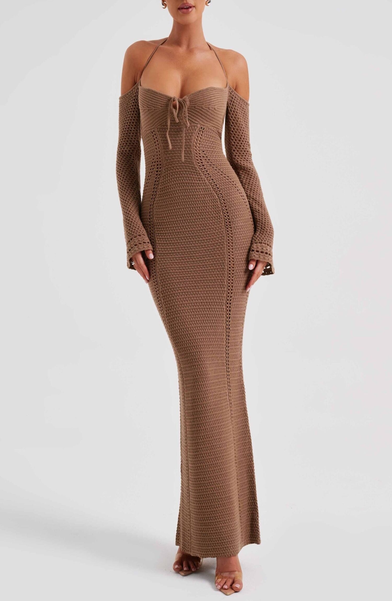 Samariah Chocolate Crochet Maxi Dress - Off Shoulder, Long Sleeve - Image 9