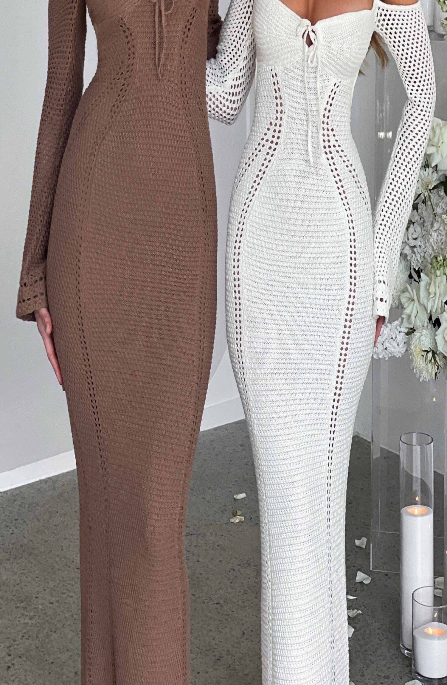 Samariah Chocolate Crochet Maxi Dress - Off Shoulder, Long Sleeve - Image 13