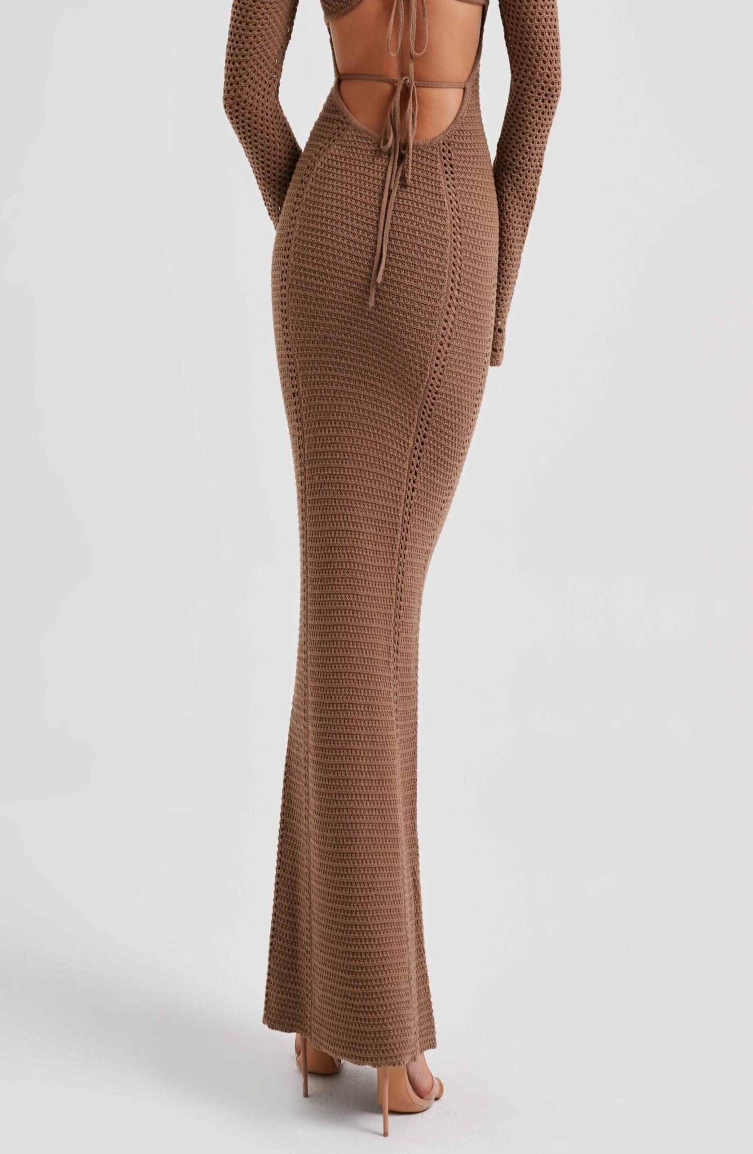 Samariah Chocolate Crochet Maxi Dress - Off Shoulder, Long Sleeve - Image 3