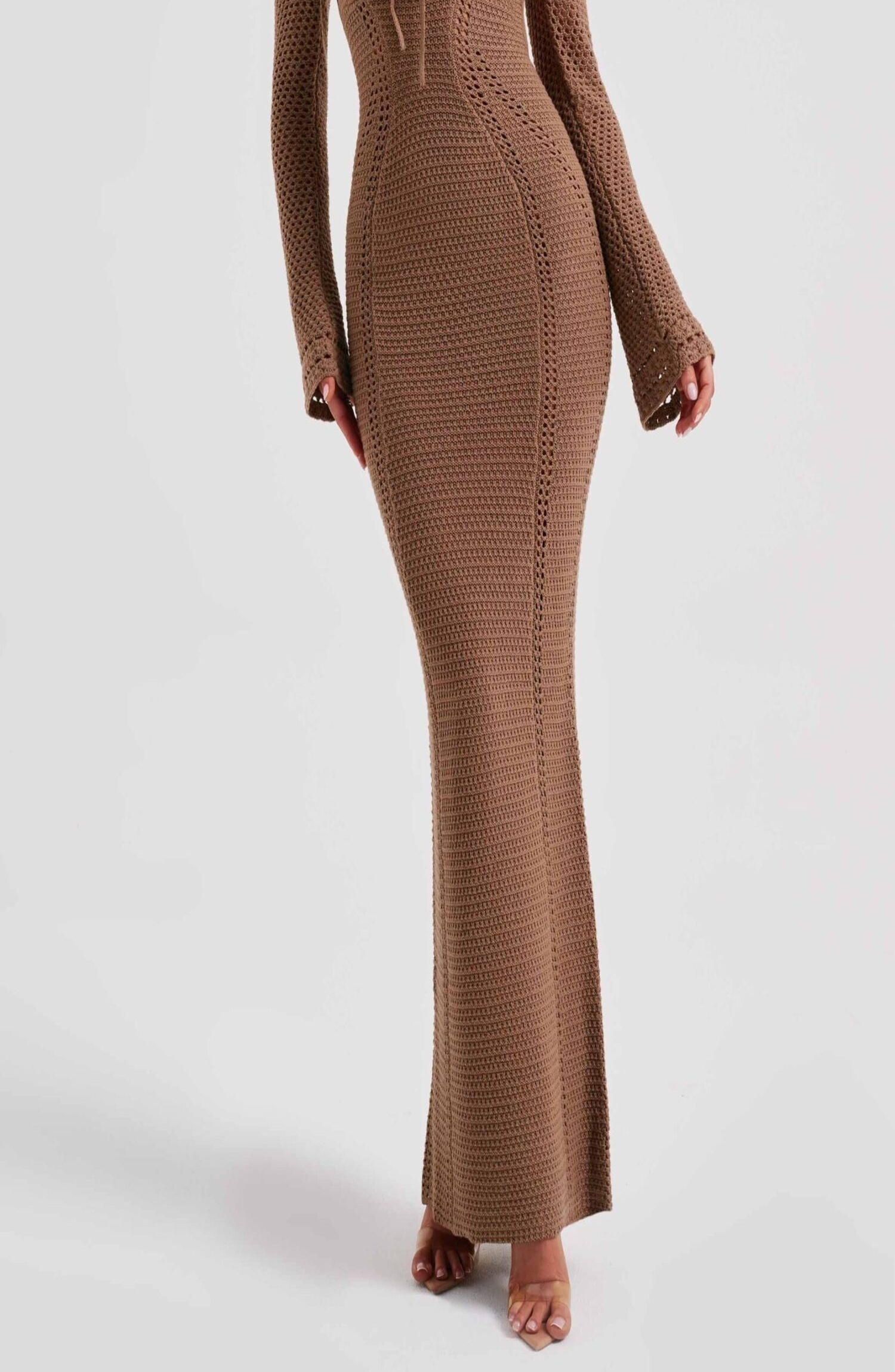 Samariah Chocolate Crochet Maxi Dress - Off Shoulder, Long Sleeve - Image 8