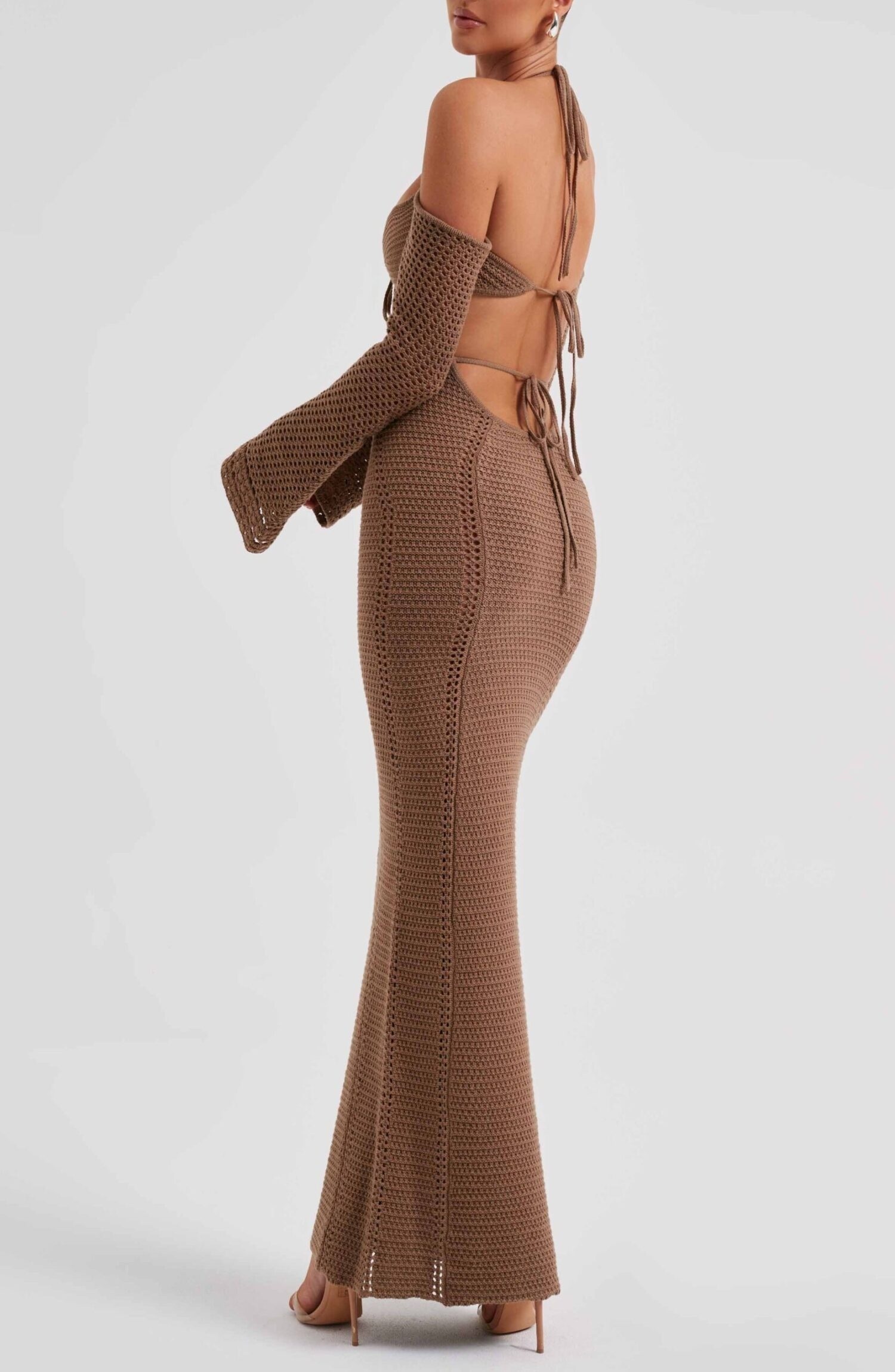 Samariah Chocolate Crochet Maxi Dress - Off Shoulder, Long Sleeve - Image 7