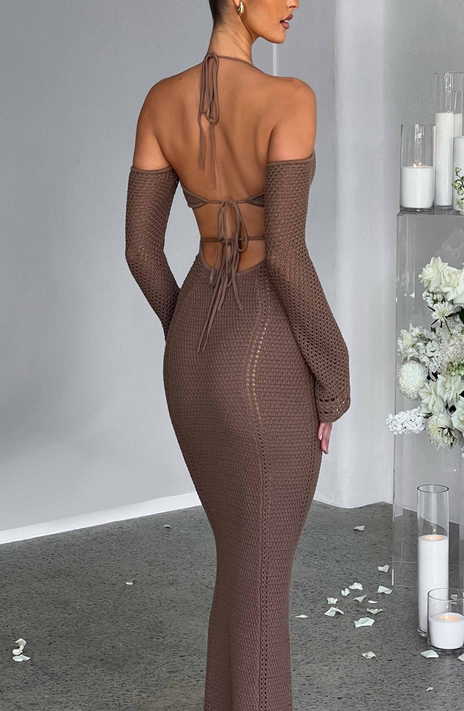 Samariah Chocolate Crochet Maxi Dress - Off Shoulder, Long Sleeve - Image 2