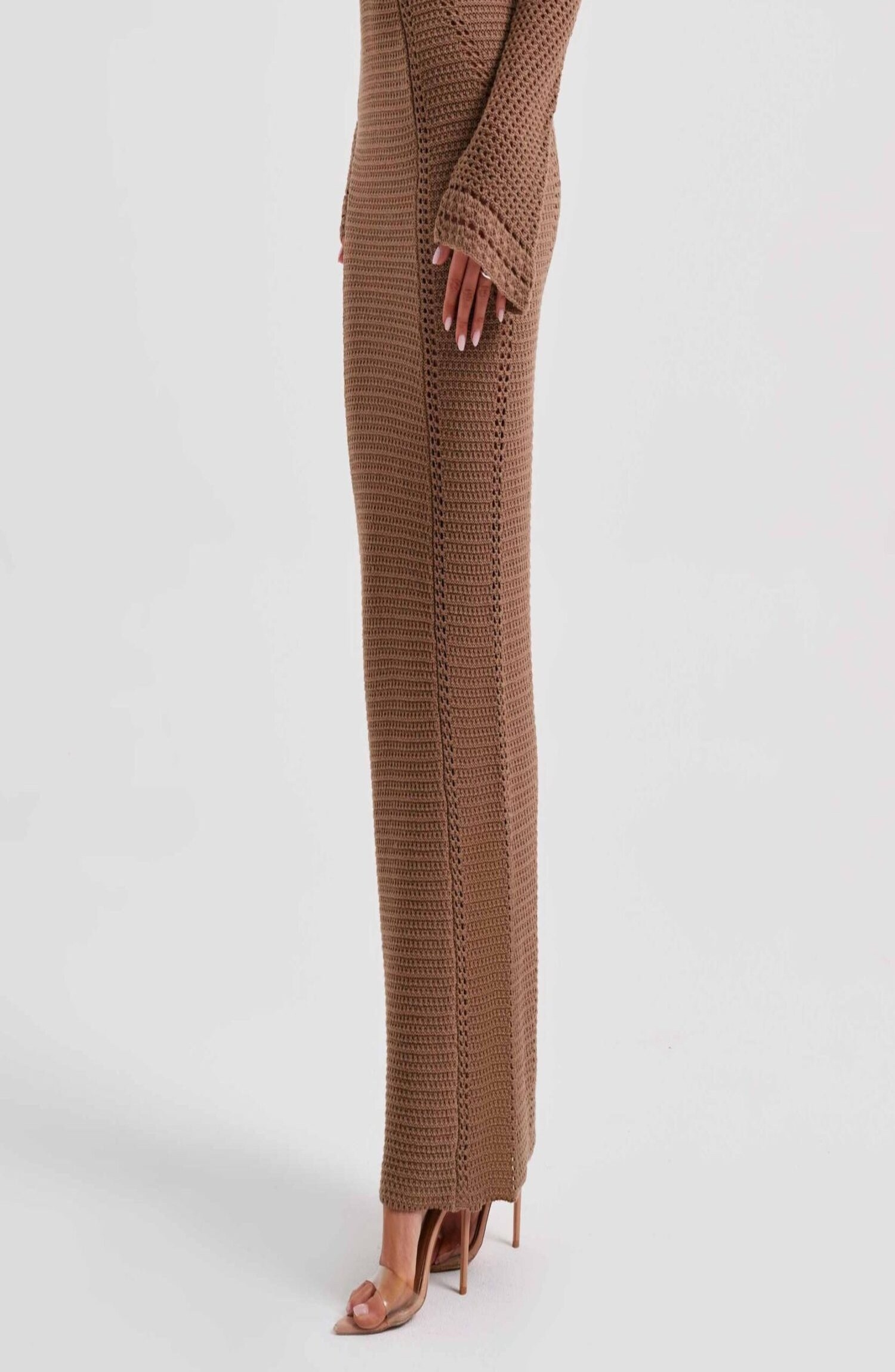 Samariah Chocolate Crochet Maxi Dress - Off Shoulder, Long Sleeve - Image 4