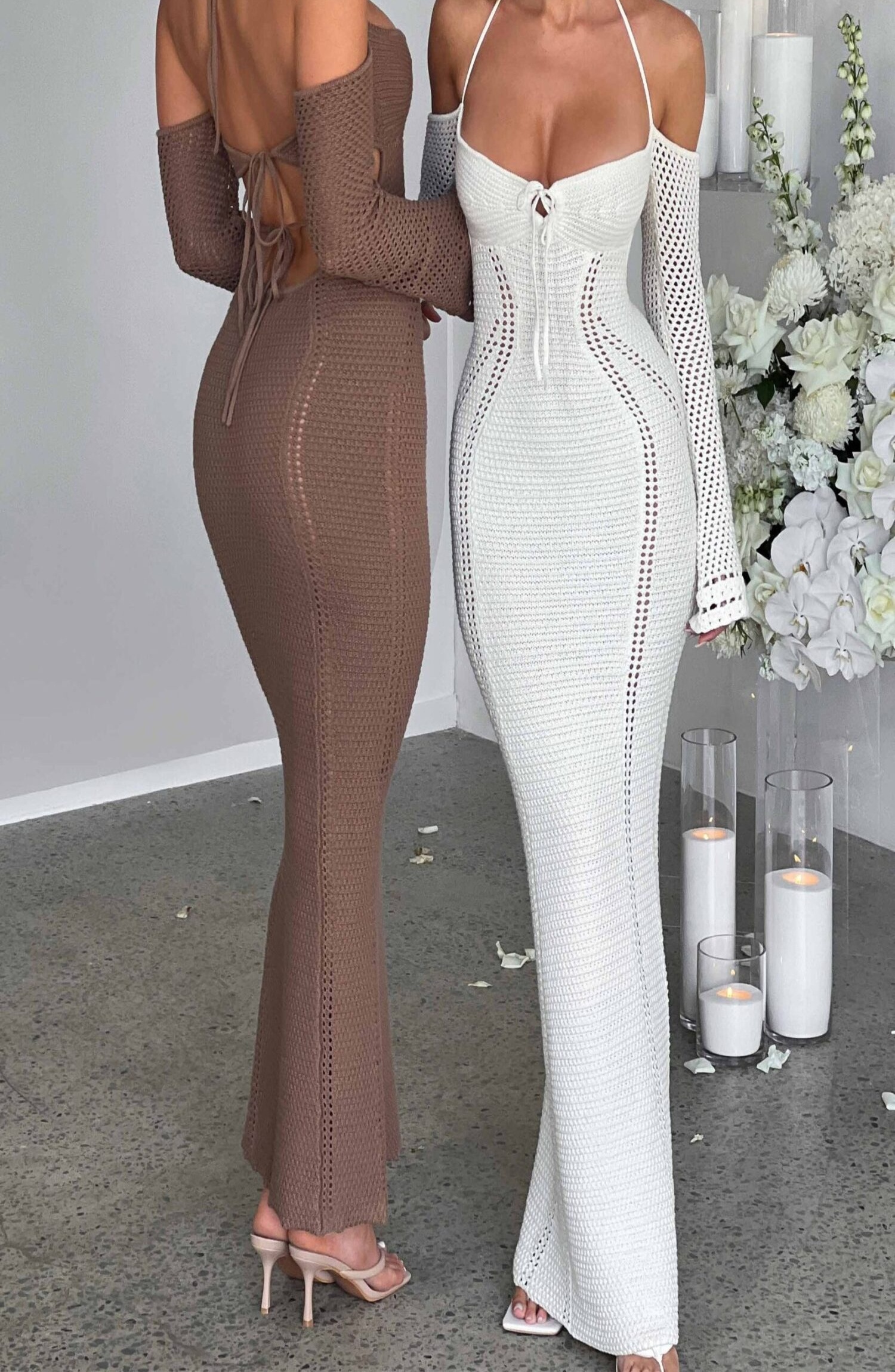 Samariah Chocolate Crochet Maxi Dress - Off Shoulder, Long Sleeve - Image 11