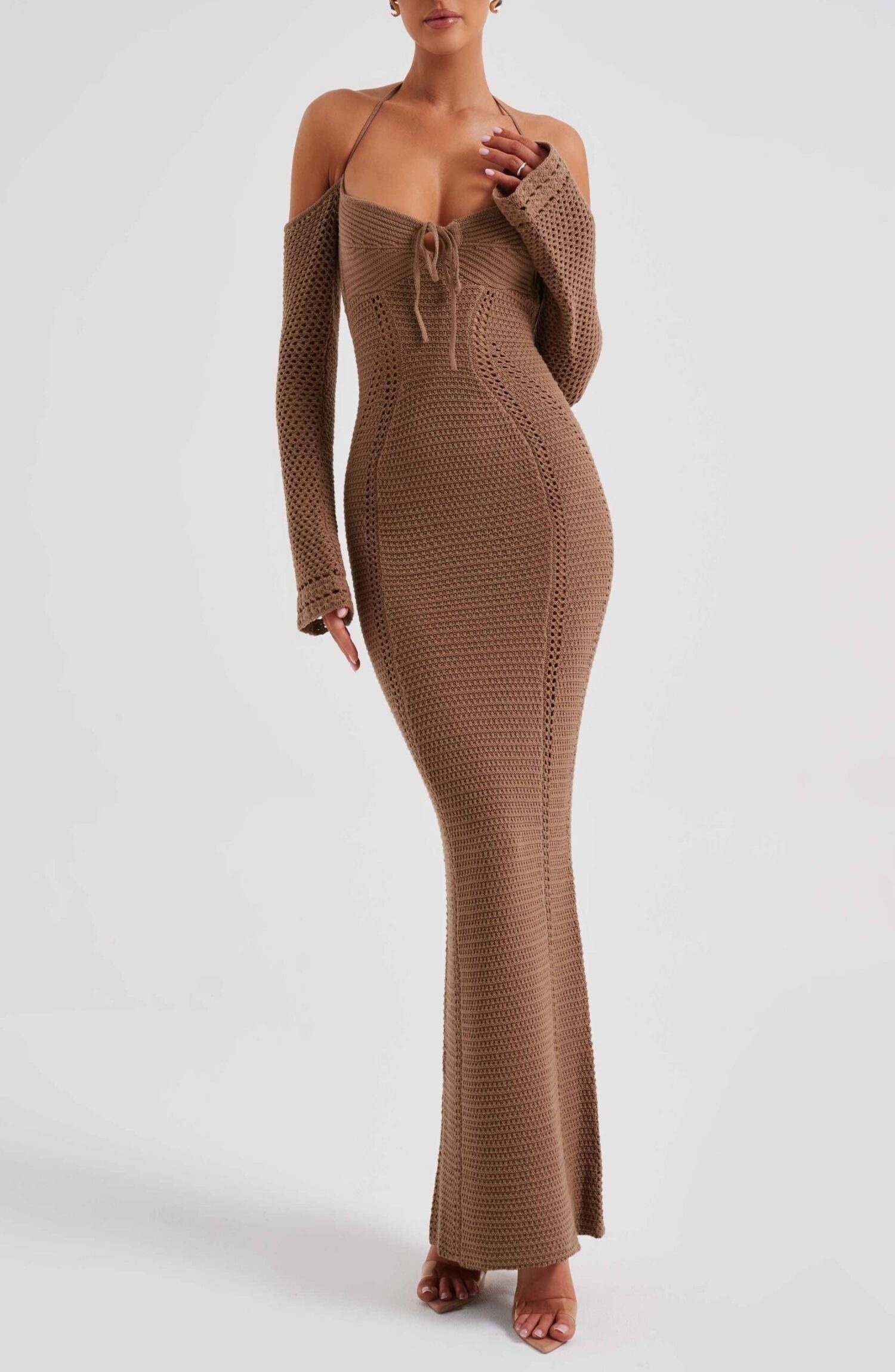 Samariah Chocolate Crochet Maxi Dress - Off Shoulder, Long Sleeve - Image 10