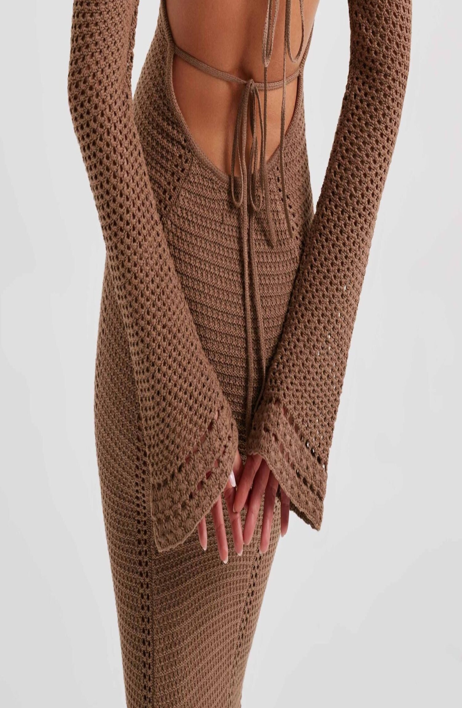 Samariah Chocolate Crochet Maxi Dress - Off Shoulder, Long Sleeve - Image 5
