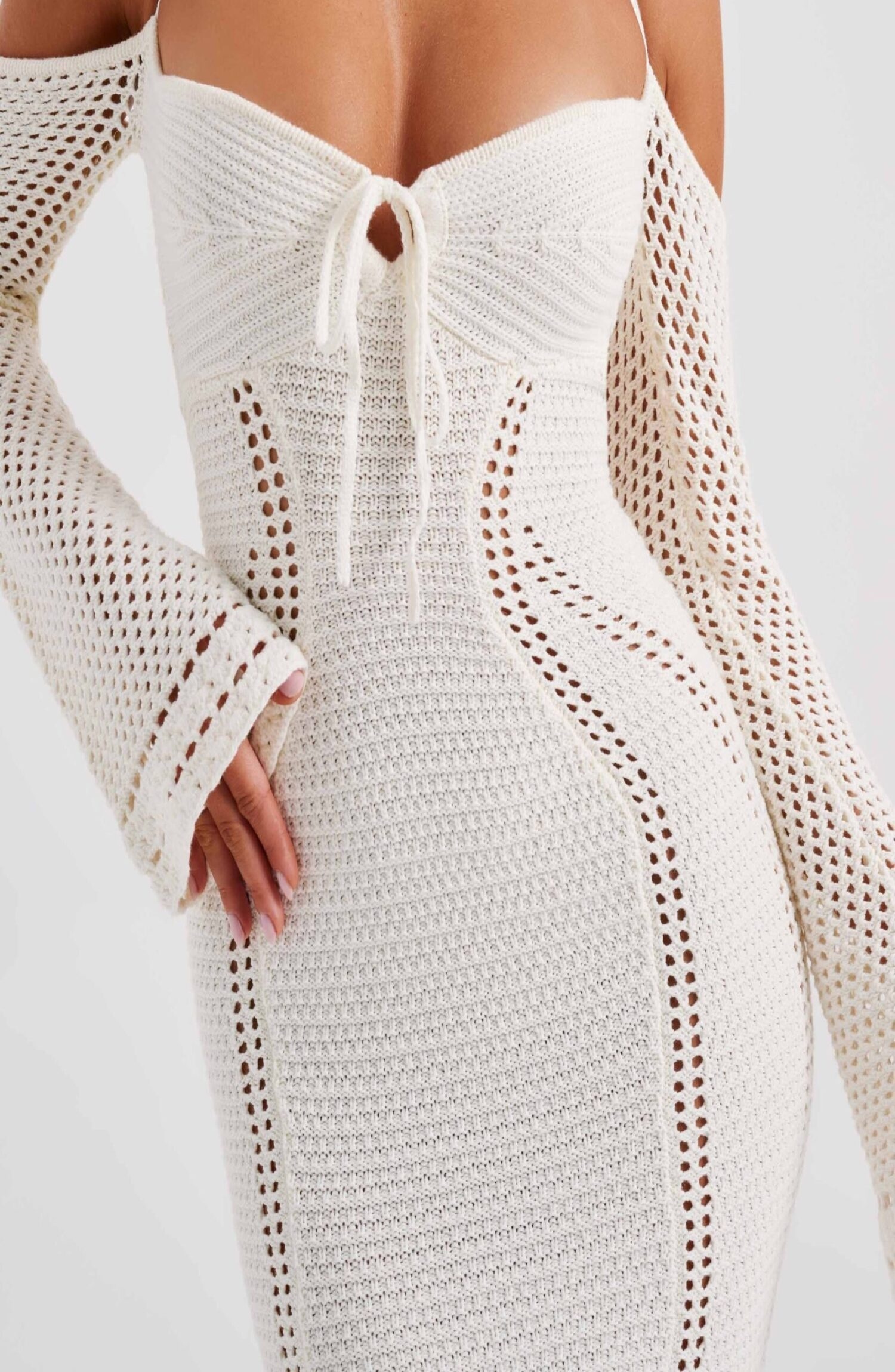 Samariah White Crochet Maxi Dress - Off Shoulder, Tie Bust - Image 9