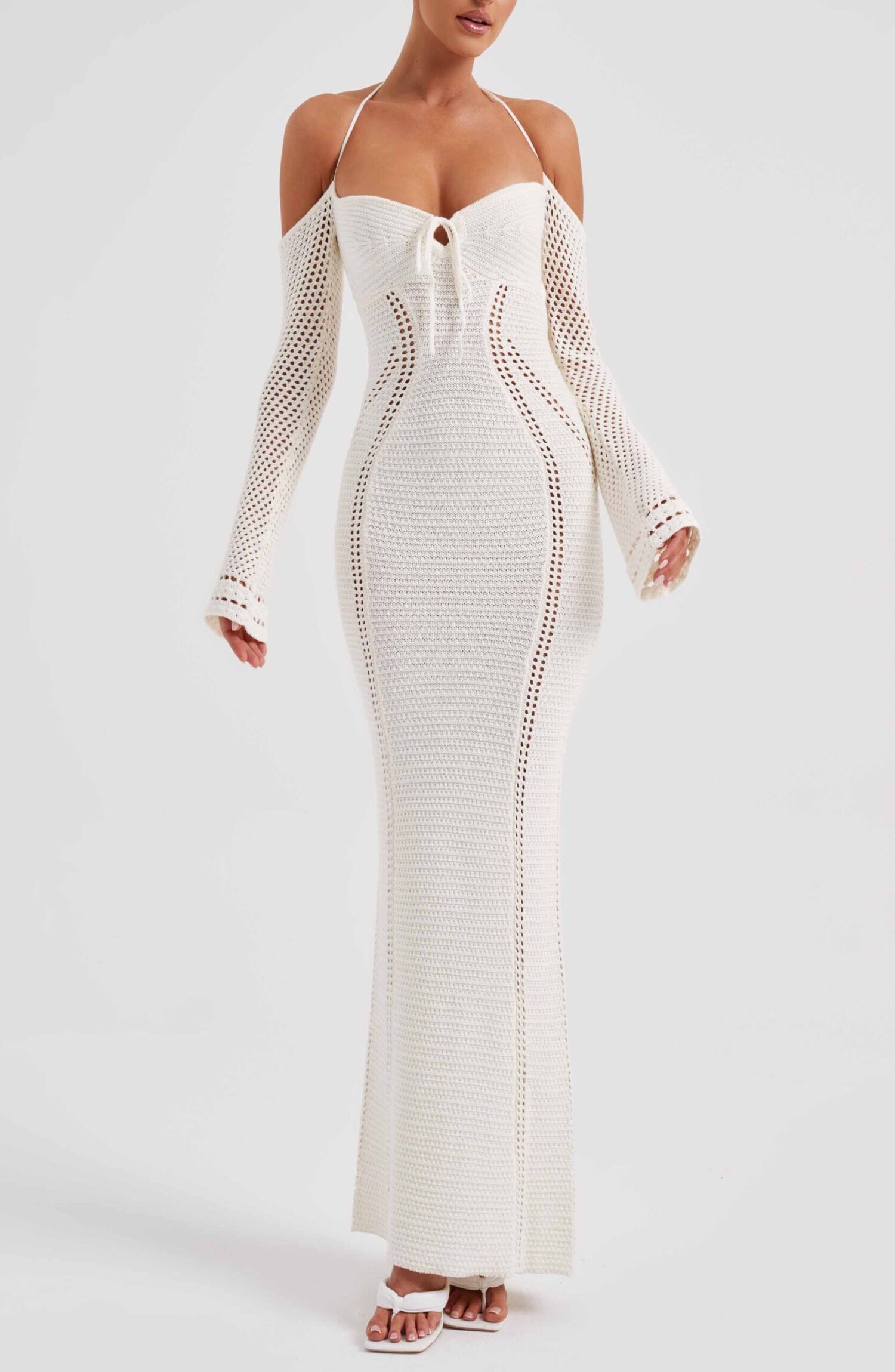 Samariah White Crochet Maxi Dress - Off Shoulder, Tie Bust - Image 14