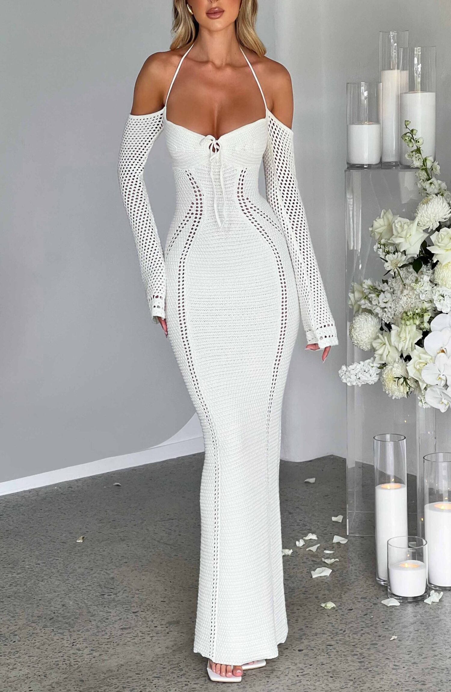 Samariah White Crochet Maxi Dress - Off Shoulder, Tie Bust
