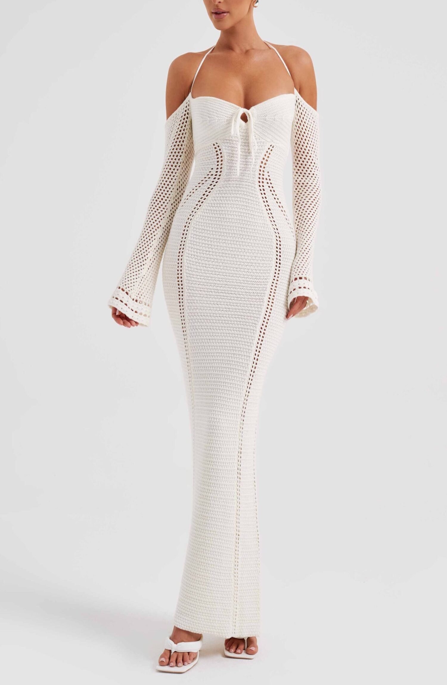 Samariah White Crochet Maxi Dress - Off Shoulder, Tie Bust - Image 12